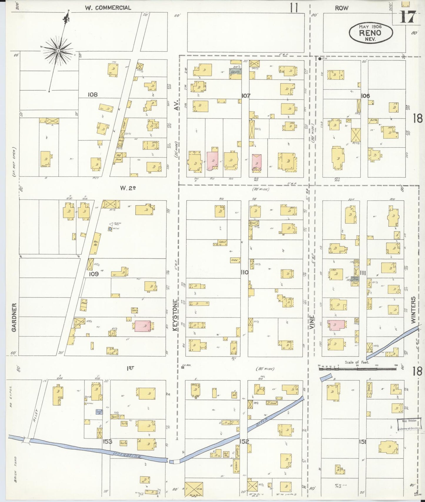 Sanborn Fire Insurance Map from Reno, Washoe County, Nevada (1906), Sheet #0017 - Historic Sanborn Fire Insurance Map Print, vintage old map wall art, antique decor, genealogy gift, Nevada Nevada map
