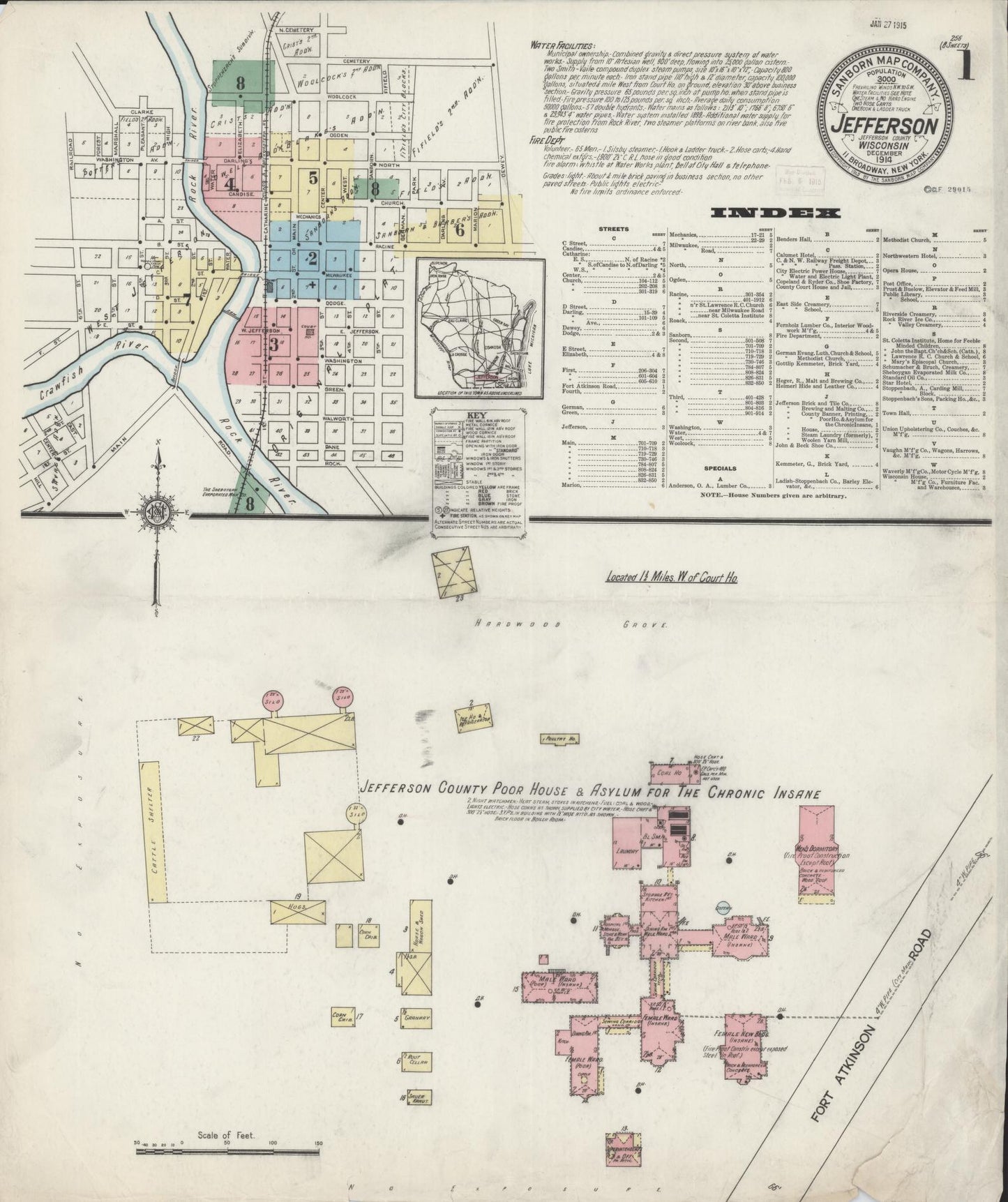 Sanborn Fire Insurance Map from Jefferson, Jefferson County, Wisconsin (1914), Sheet #0001 - Historic Sanborn Fire Insurance Map Print, vintage old map wall art, antique decor, genealogy gift, Wisconsin Wisconsin map