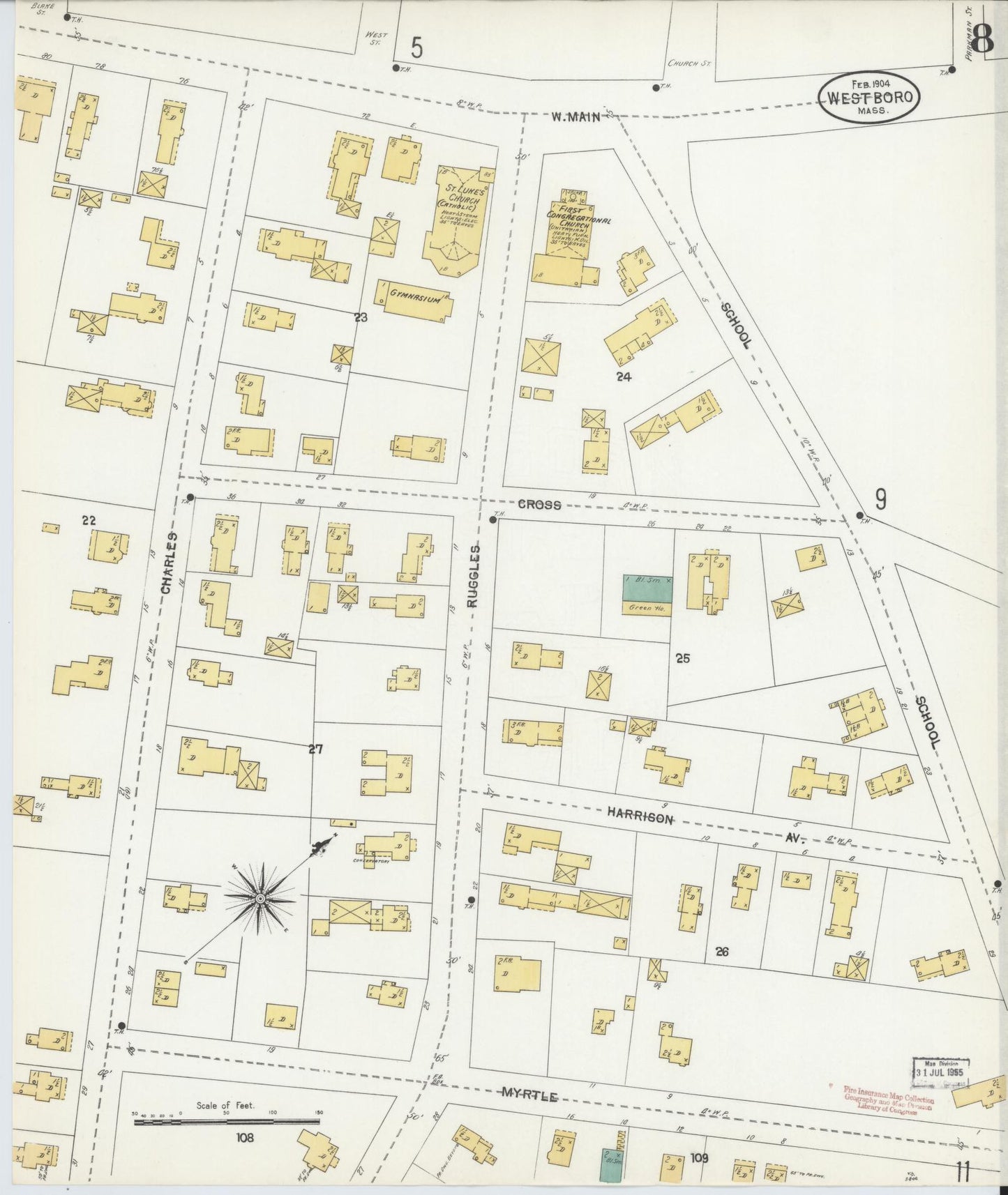 Sanborn Fire Insurance Map from Westboro, Worcester County, Massachusetts (1904), Sheet #0008 - Historic Sanborn Fire Insurance Map Print, vintage old map wall art, antique decor, genealogy gift, Massachusetts Massachusetts map