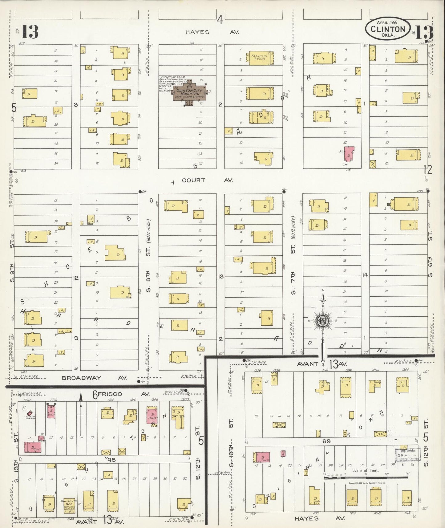 Sanborn Fire Insurance Map from Clinton, Custer County, Oklahoma (1926), Sheet #0013 - Historic Sanborn Fire Insurance Map Print, vintage old map wall art, antique decor, genealogy gift, Oklahoma Oklahoma map