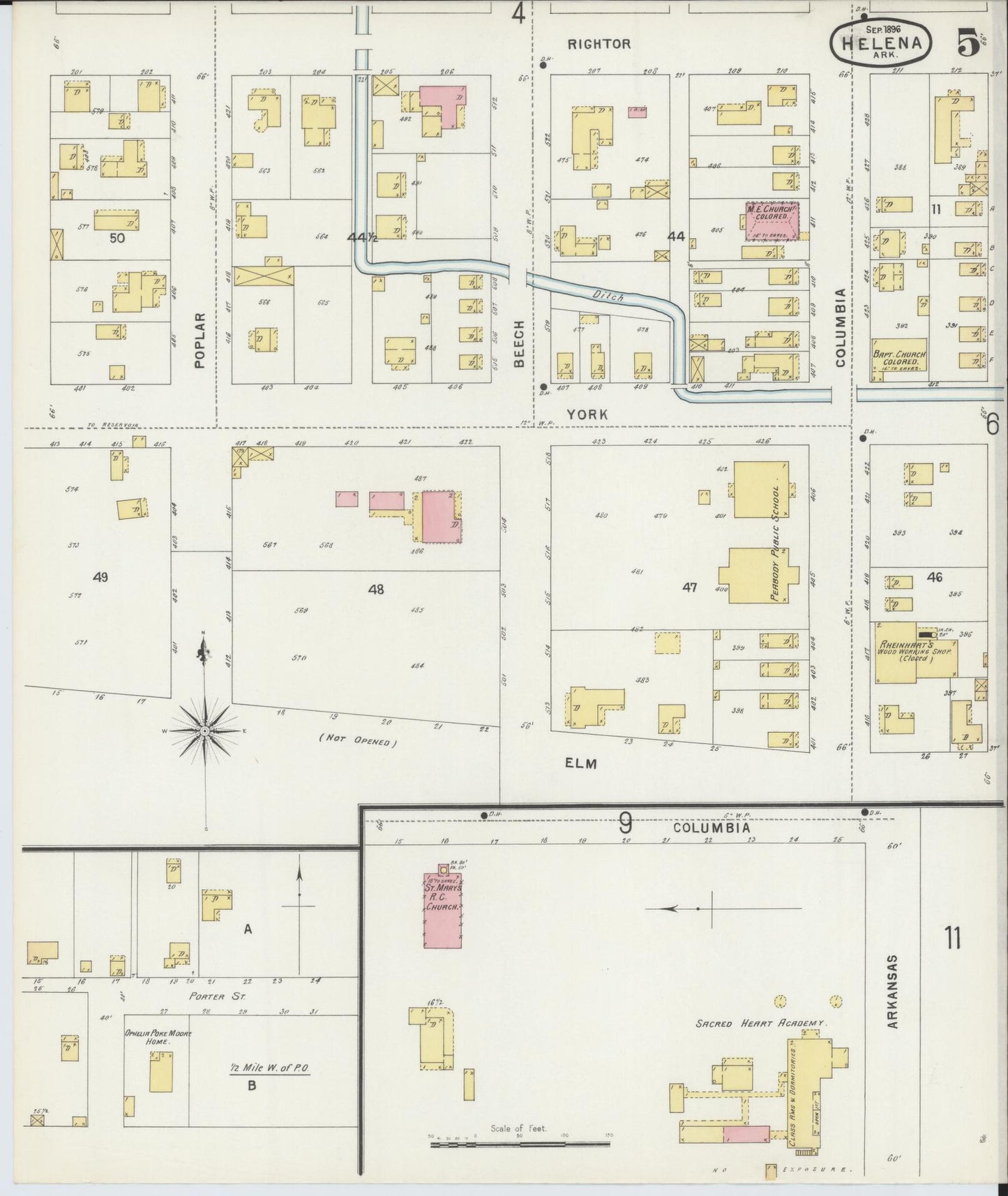 Sanborn Fire Insurance Map from Helena, Phillips County, Arkansas (1896), Sheet #0005 - Historic Sanborn Fire Insurance Map Print, vintage old map wall art, antique decor, genealogy gift, Arkansas Arkansas map