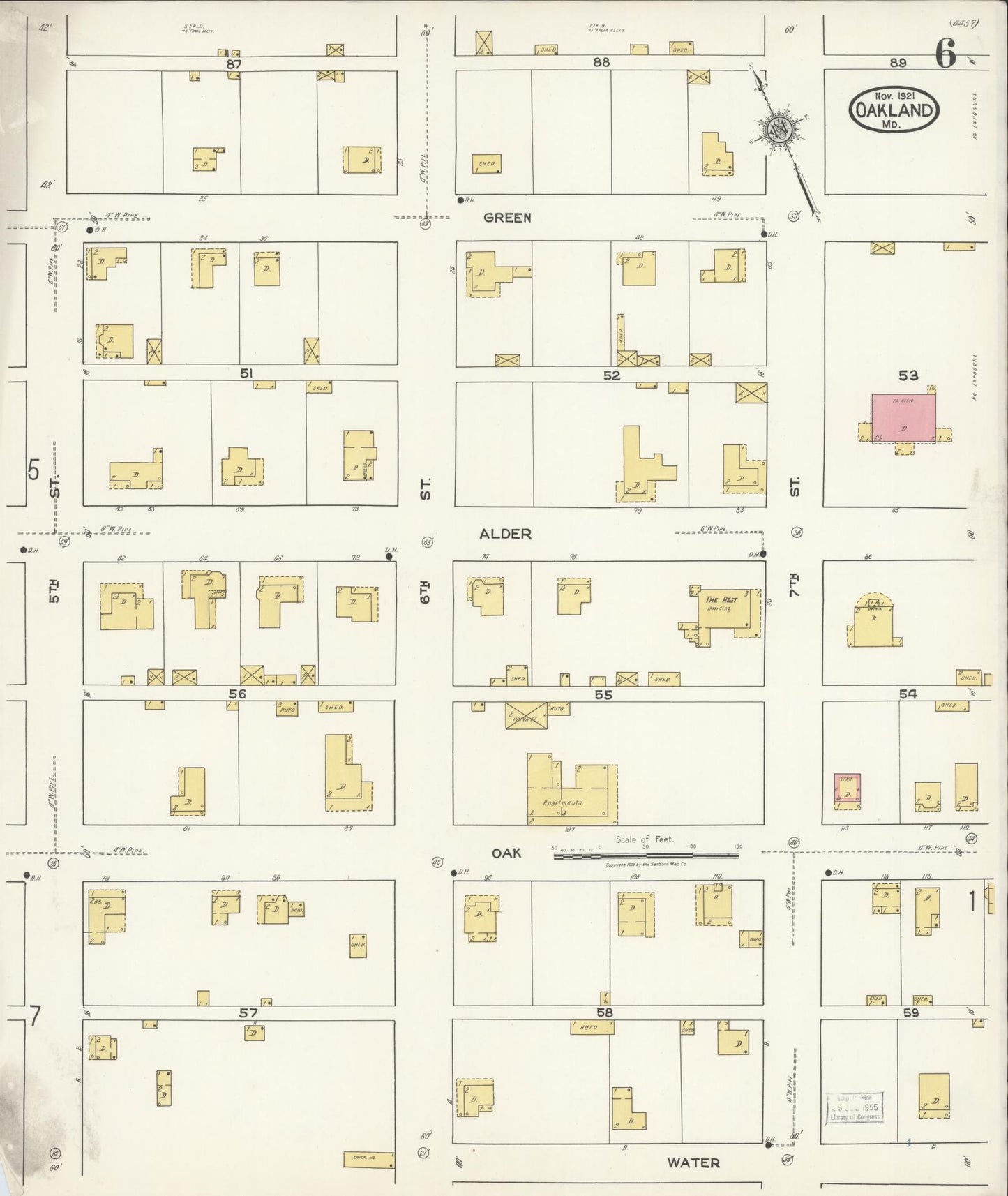 Sanborn Fire Insurance Map from Oakland, Garrett County, Maryland (1921), Sheet #0006 - Historic Sanborn Fire Insurance Map Print, vintage old map wall art
