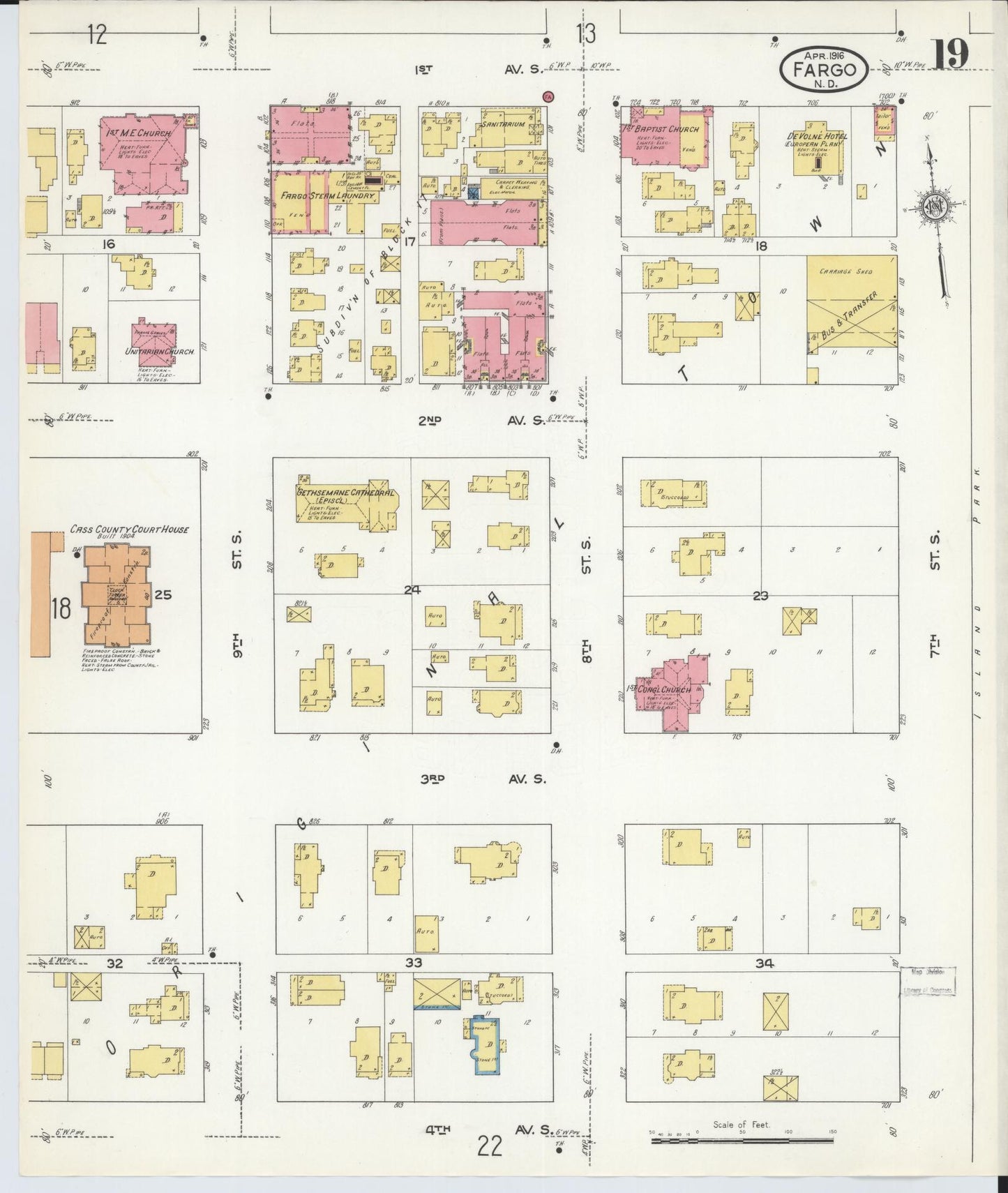 Sanborn Fire Insurance Map from Fargo, Cass County, North Dakota (1916), Sheet #0019 - Historic Sanborn Fire Insurance Map Print, vintage old map wall art, antique decor, genealogy gift, North Dakota North Dakota map