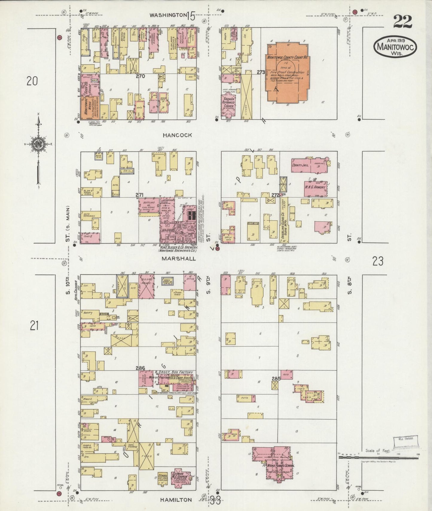 Sanborn Fire Insurance Map from Manitowoc, Manitowoc County, Wisconsin (1919), Sheet #0022 - Historic Sanborn Fire Insurance Map Print, vintage old map wall art, antique decor, genealogy gift, Wisconsin Wisconsin map