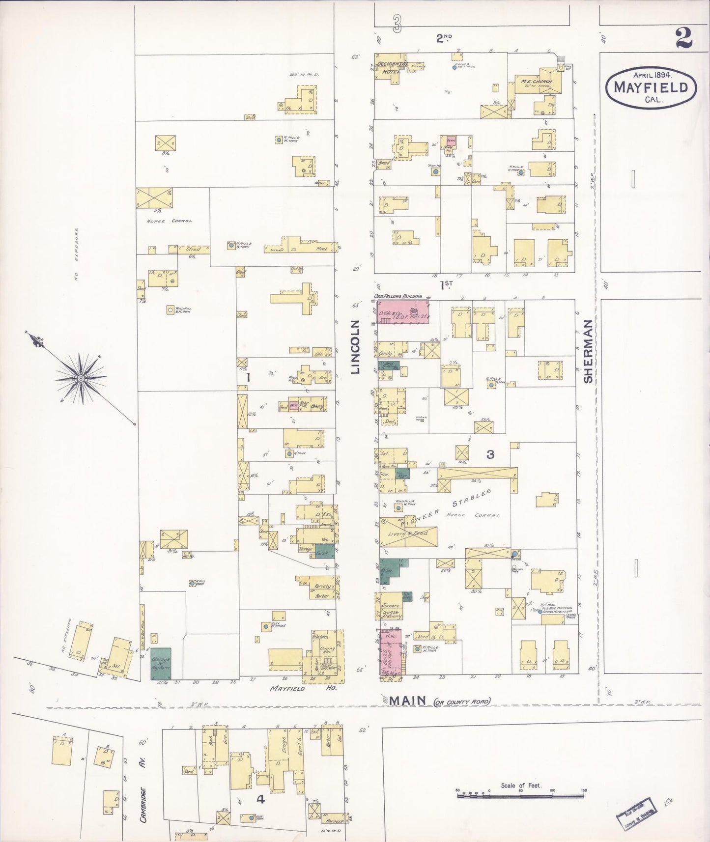 Sanborn Fire Insurance Map from Mayfield, Santa Clara County, California (1894), Sheet #0002 - Historic Sanborn Fire Insurance Map Print, vintage old map wall art, antique decor, genealogy gift, California California map