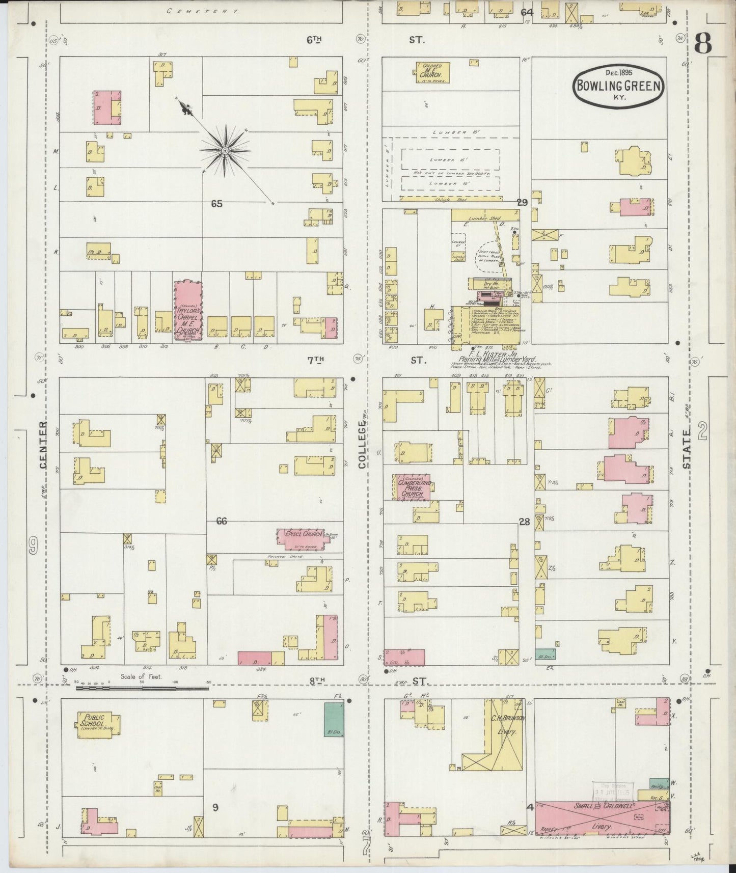 Sanborn Fire Insurance Map from Bowling Green, Warren County, Kentucky (1895), Sheet #0008 - Historic Sanborn Fire Insurance Map Print, vintage old map wall art, antique decor, genealogy gift, Kentucky Kentucky map