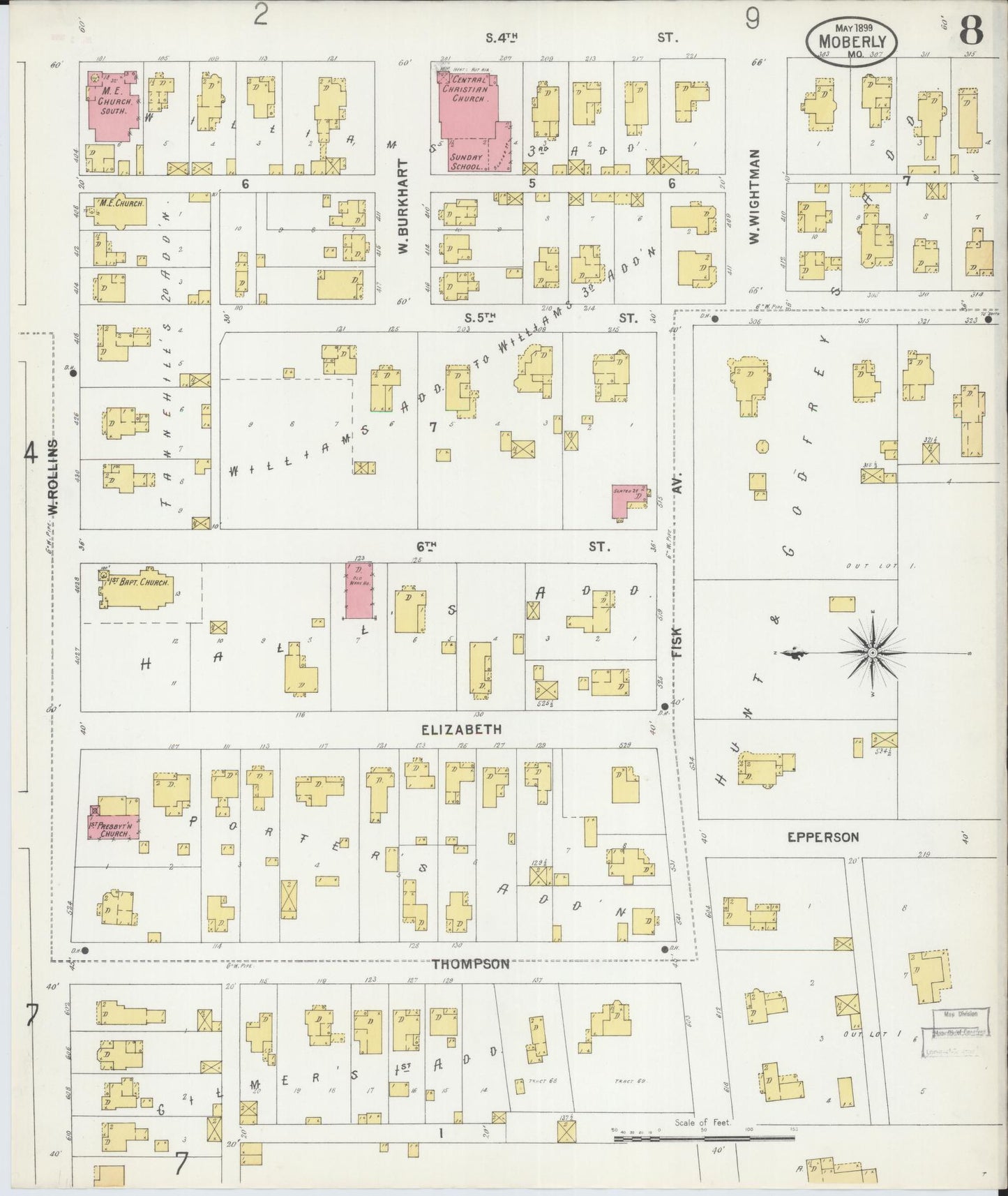 Sanborn Fire Insurance Map from Moberly, Randolph County, Missouri (1899), Sheet #0008 - Historic Sanborn Fire Insurance Map Print, vintage old map wall art, antique decor, genealogy gift, Missouri Missouri map