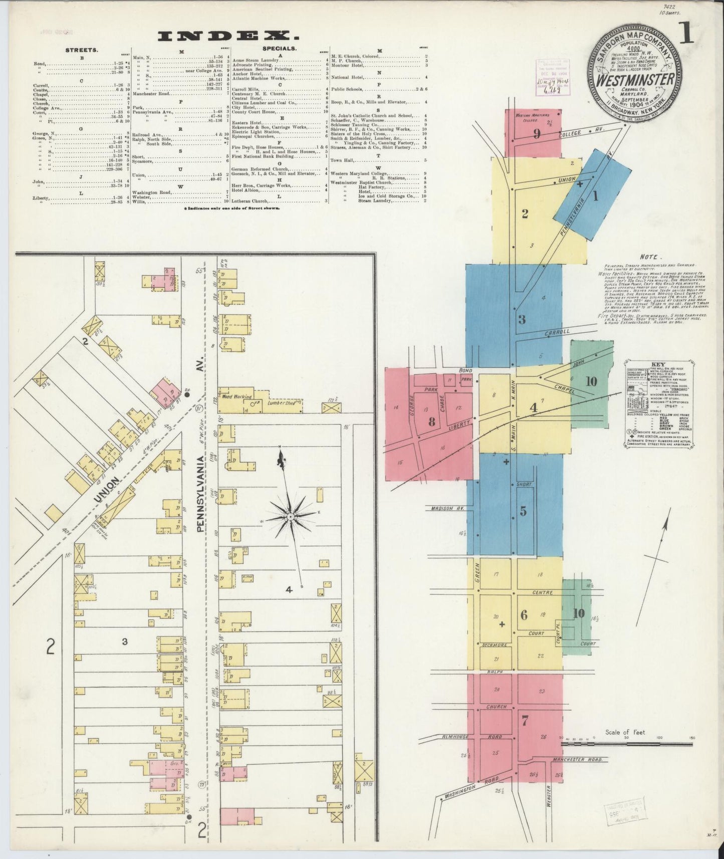Sanborn Fire Insurance Map from Westminster, Carroll County, Maryland (1904), Sheet #0001 - Historic Sanborn Fire Insurance Map Print, vintage old map wall art, antique decor, genealogy gift, Maryland Maryland map