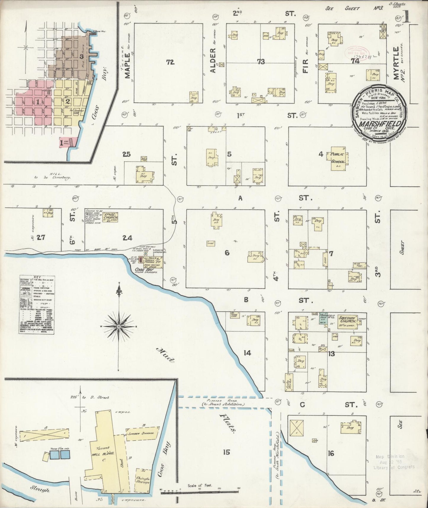Sanborn Fire Insurance Map from Marshfield, Coos County, Oregon (1891), Sheet #0001 - Historic Sanborn Fire Insurance Map Print, vintage old map wall art, antique decor, genealogy gift, Oregon Oregon map