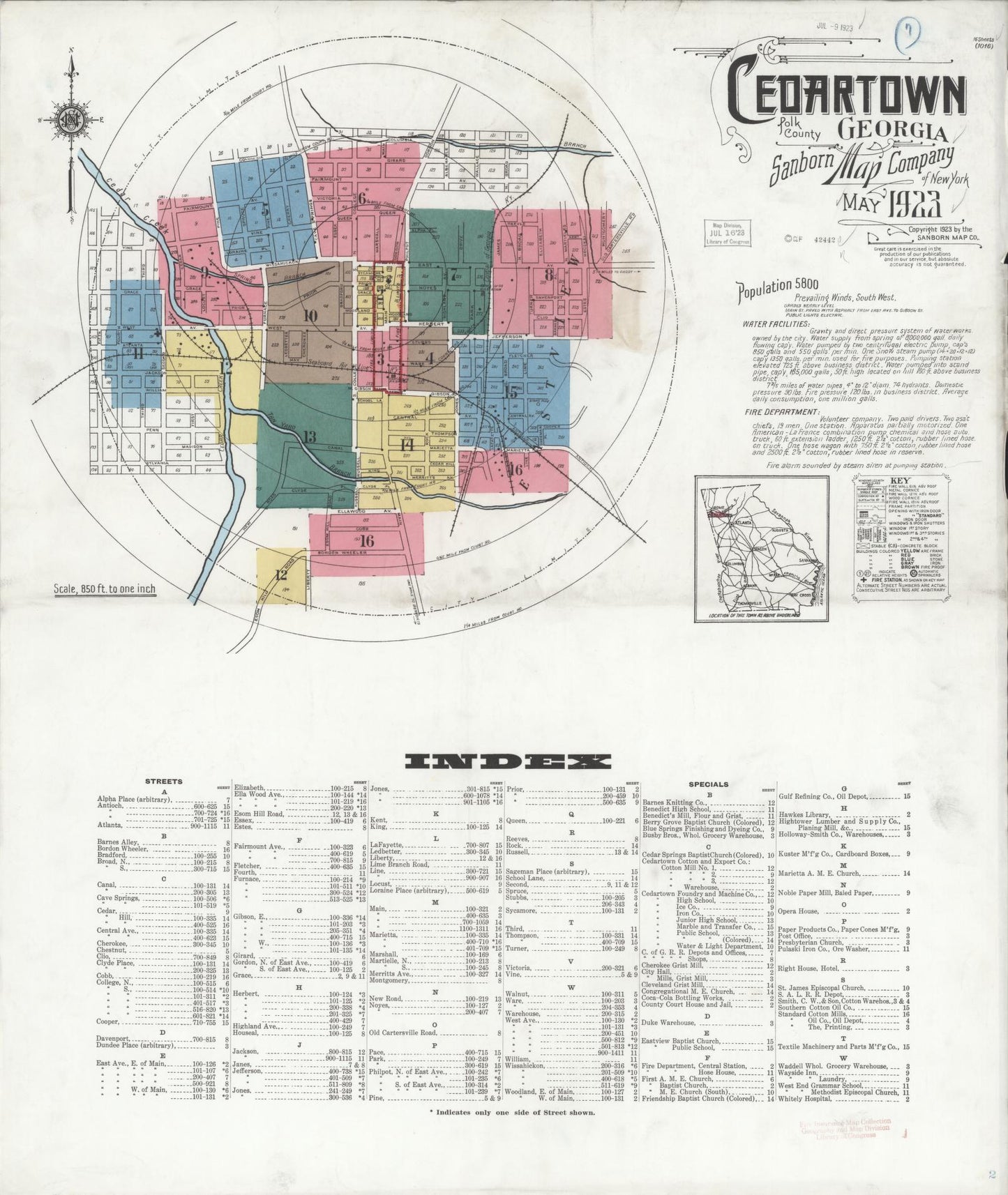 Sanborn Fire Insurance Map from Cedartown, Polk County, Georgia (1923), Sheet #0001 - Historic Sanborn Fire Insurance Map Print, vintage old map wall art, antique decor, genealogy gift, Georgia Georgia map