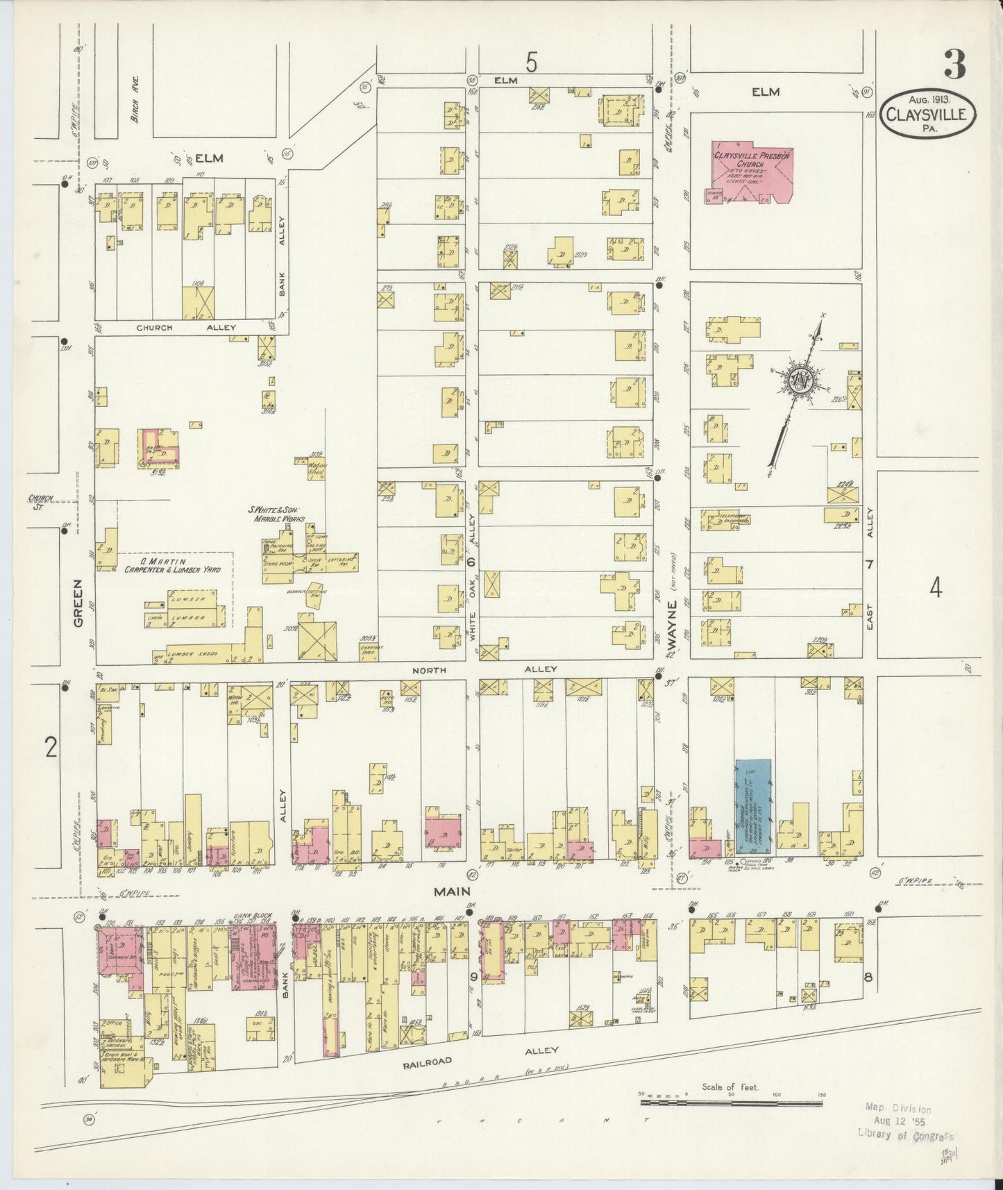 Sanborn Fire Insurance Map from Claysville, Washington County, Pennsylvania (1913), Sheet #0003 - Historic Sanborn Fire Insurance Map Print, vintage old map wall art, antique decor, genealogy gift, Pennsylvania Pennsylvania map