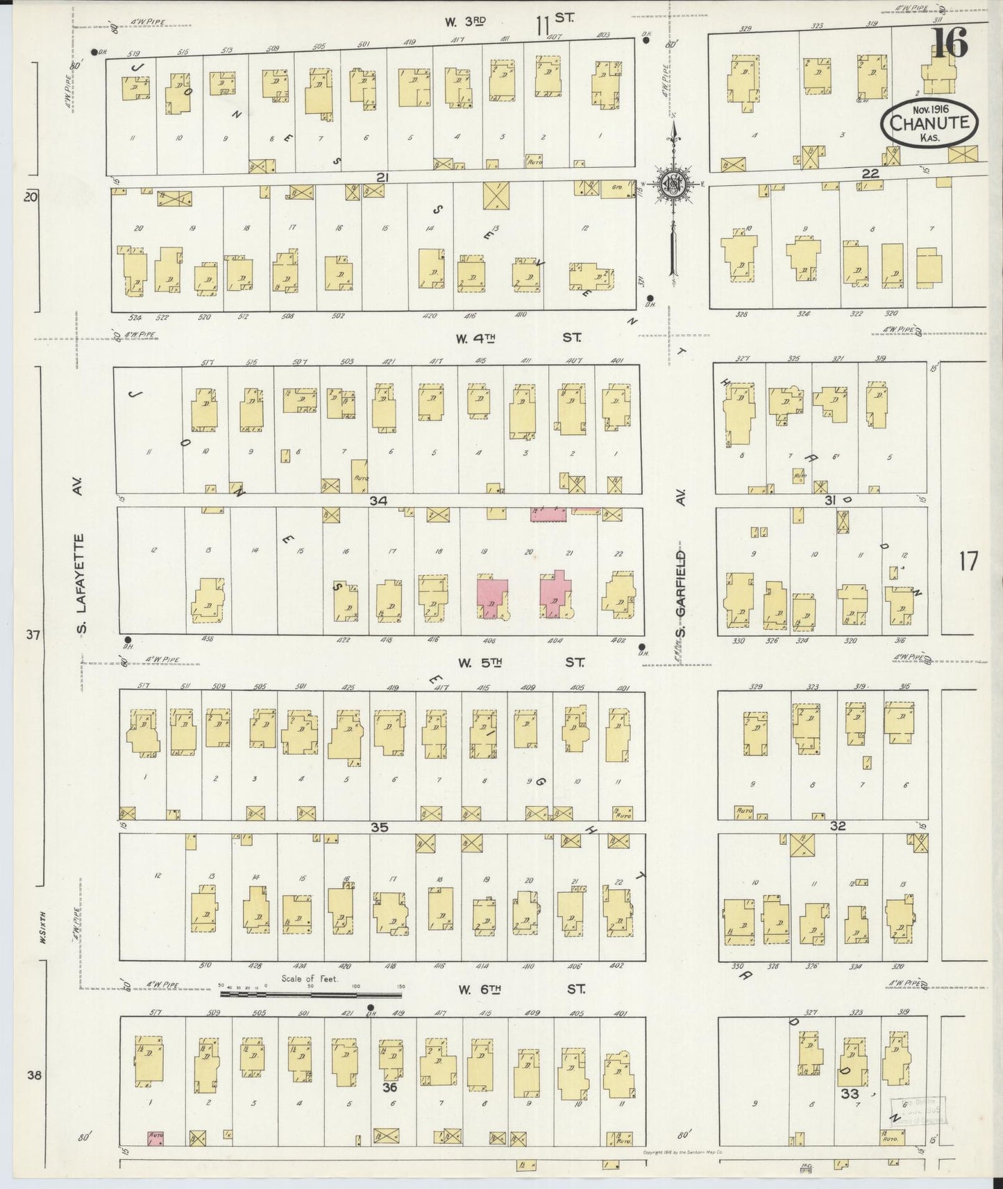 Sanborn Fire Insurance Map from Chanute, Neosho County, Kansas (1916), Sheet #0016 - Historic Sanborn Fire Insurance Map Print, vintage old map wall art, antique decor, genealogy gift, Kansas Kansas map