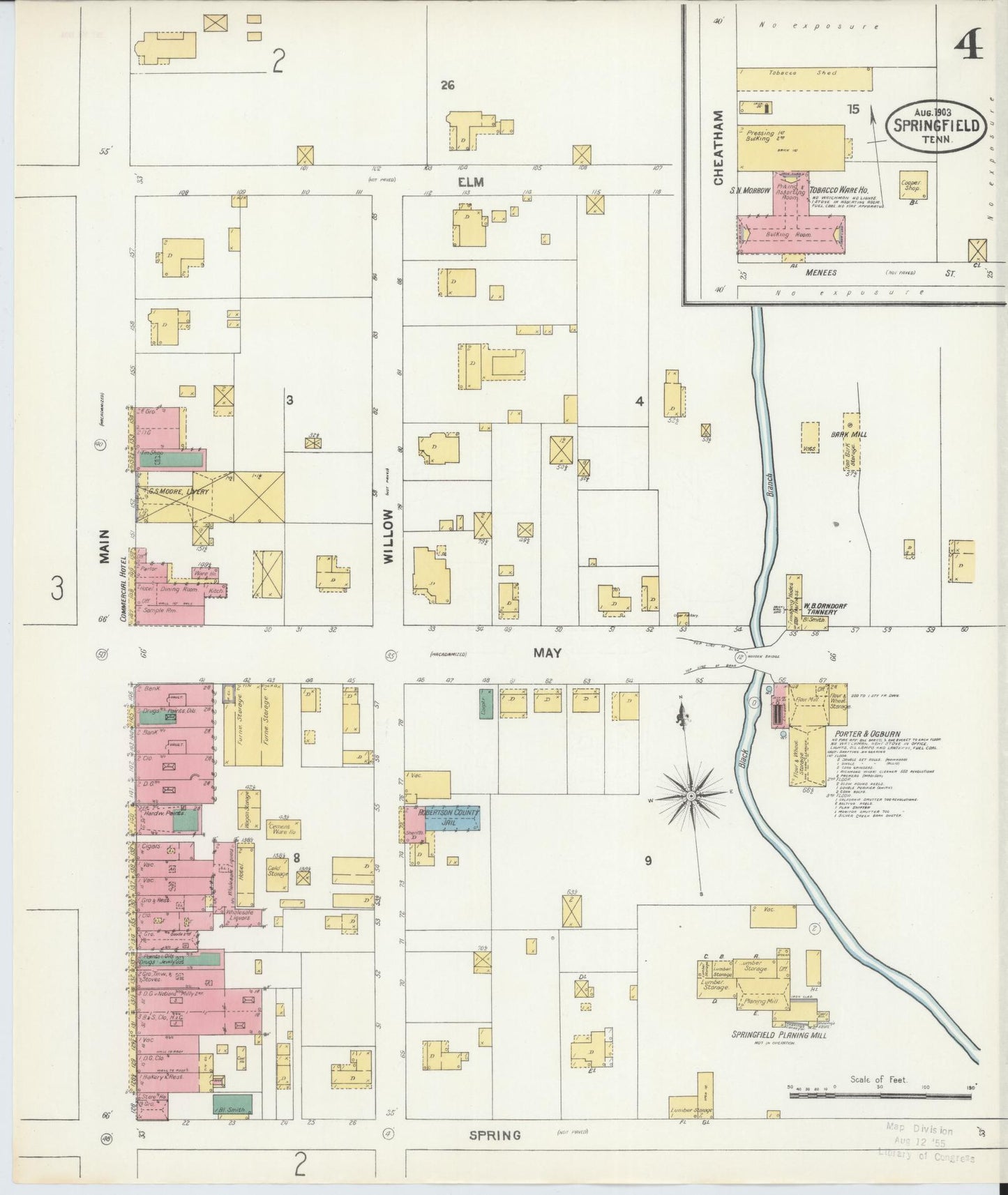 Sanborn Fire Insurance Map from Springfield, Robertson County, Tennessee (1903), Sheet #0004 - Historic Sanborn Fire Insurance Map Print, vintage old map wall art, antique decor, genealogy gift, Tennessee Tennessee map