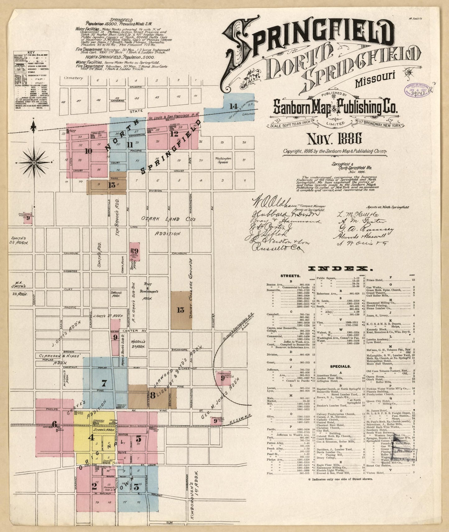Sanborn Fire Insurance Map from Springfield, Greene County, Missouri (1886), Sheet #0001 - Historic Sanborn Fire Insurance Map Print, vintage old map wall art, antique decor, genealogy gift, Missouri Missouri map