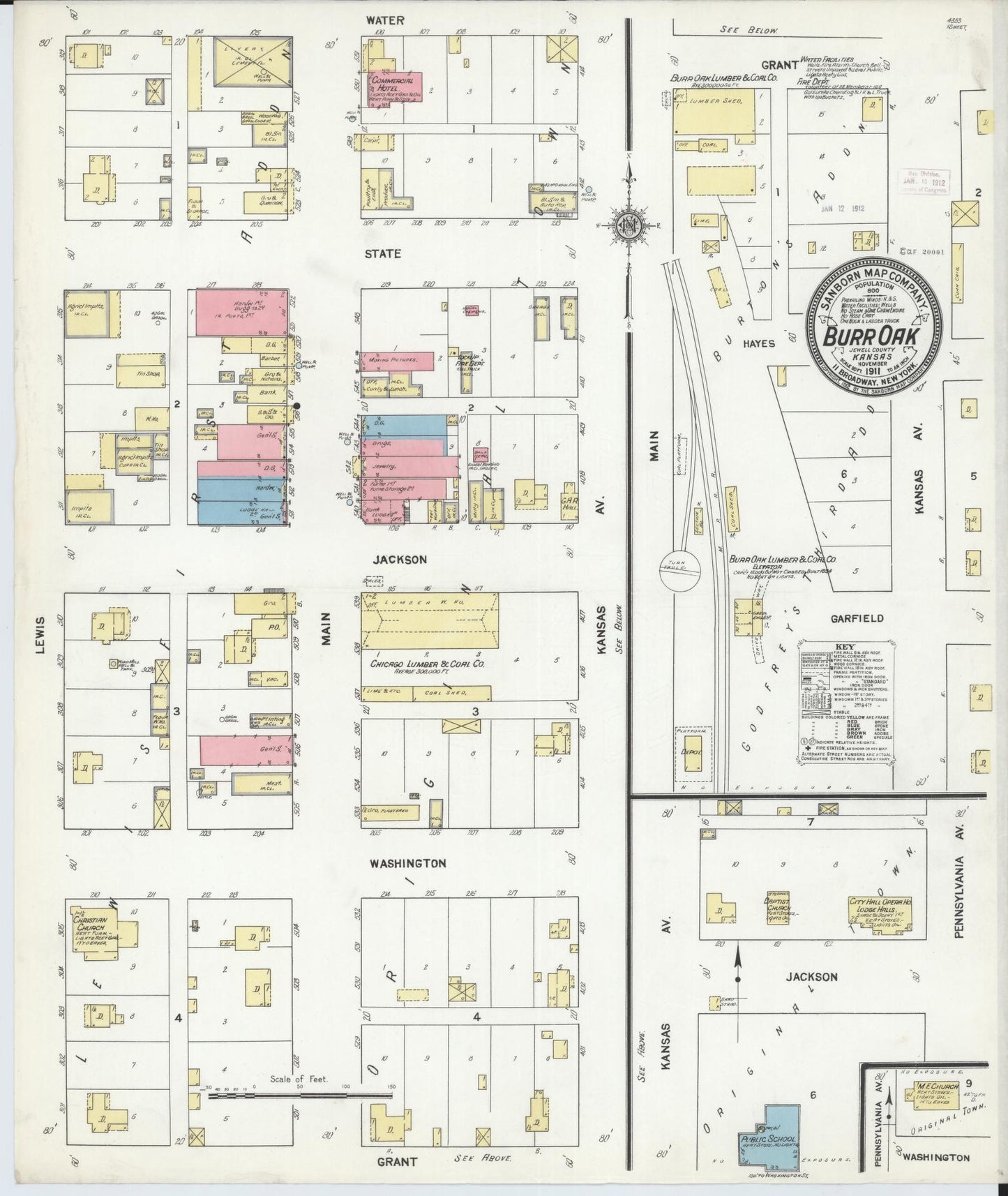 Sanborn Fire Insurance Map from Burr Oak, Jewell County, Kansas (1911), Sheet #0001 - Historic Sanborn Fire Insurance Map Print, vintage old map wall art, antique decor, genealogy gift, Kansas Kansas map