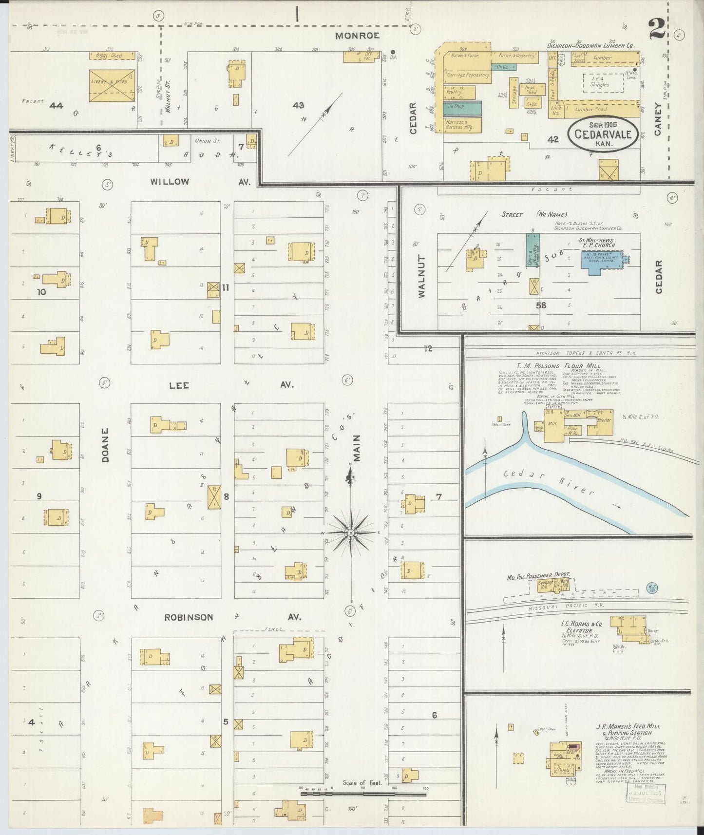 Sanborn Fire Insurance Map from Cedar Vale, Chautauqua County, Kansas (1905), Sheet #0002 - Historic Sanborn Fire Insurance Map Print, vintage old map wall art, antique decor, genealogy gift, Kansas Kansas map
