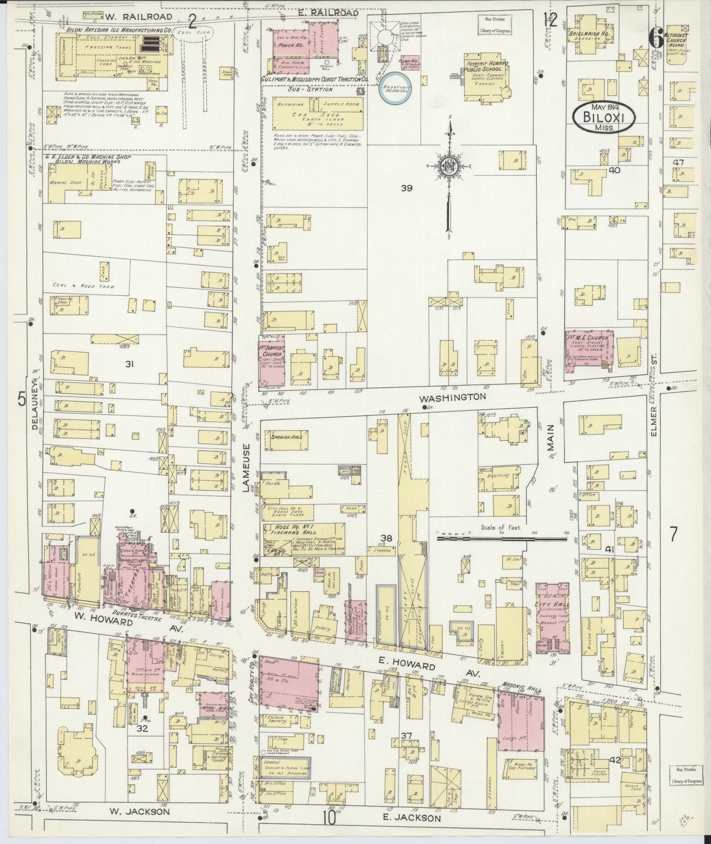 Sanborn Fire Insurance Map from Biloxi, Harrison County, Mississippi (1914), Sheet #0006 - Historic Sanborn Fire Insurance Map Print, vintage old map wall art, antique decor, genealogy gift, Mississippi Mississippi map
