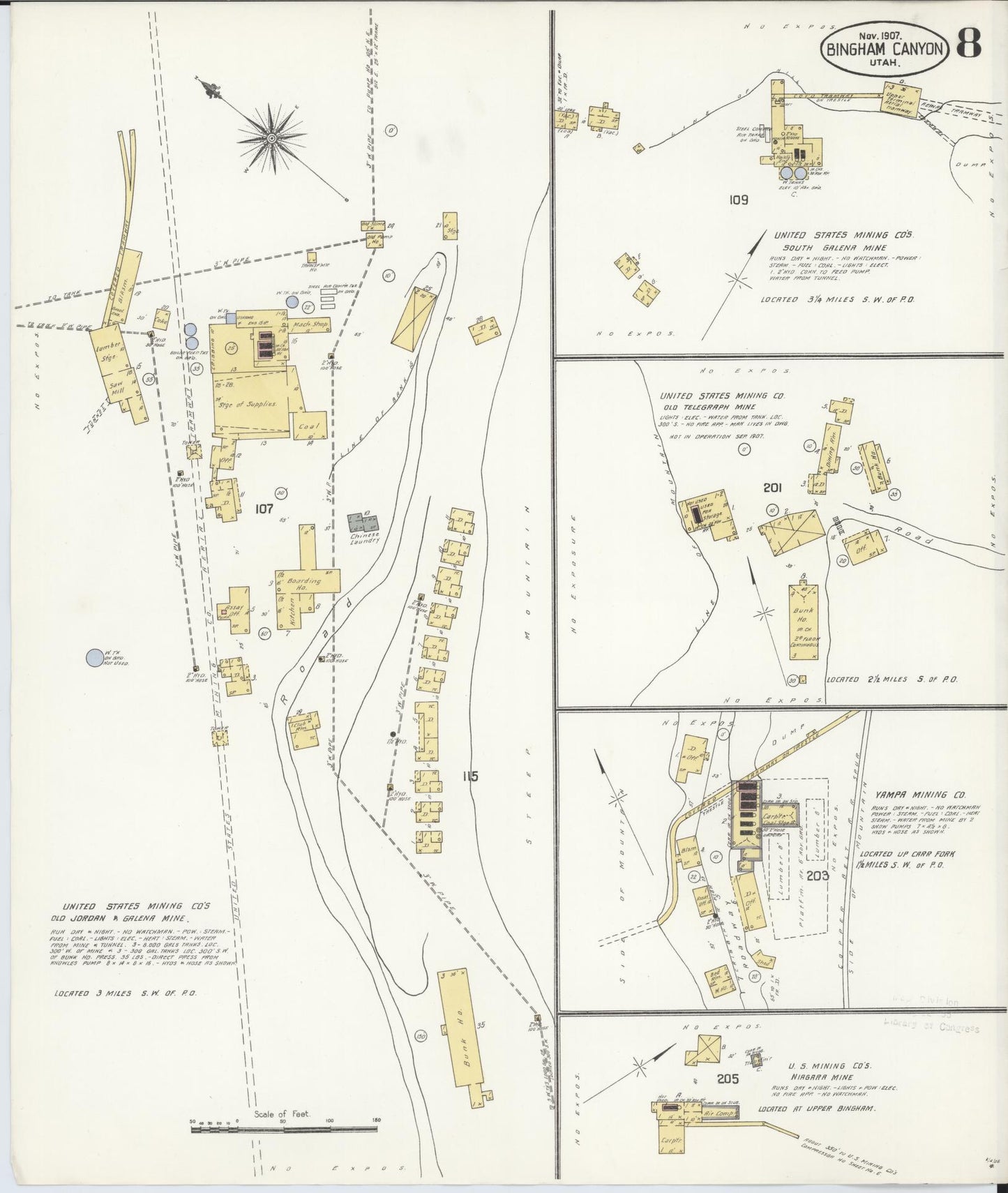 Sanborn Fire Insurance Map from Bingham Canyon, Salt Lake County, Utah (1907), Sheet #0008 - Complete Map Set gallery image, historic Sanborn map, vintage wall art, Utah Utah