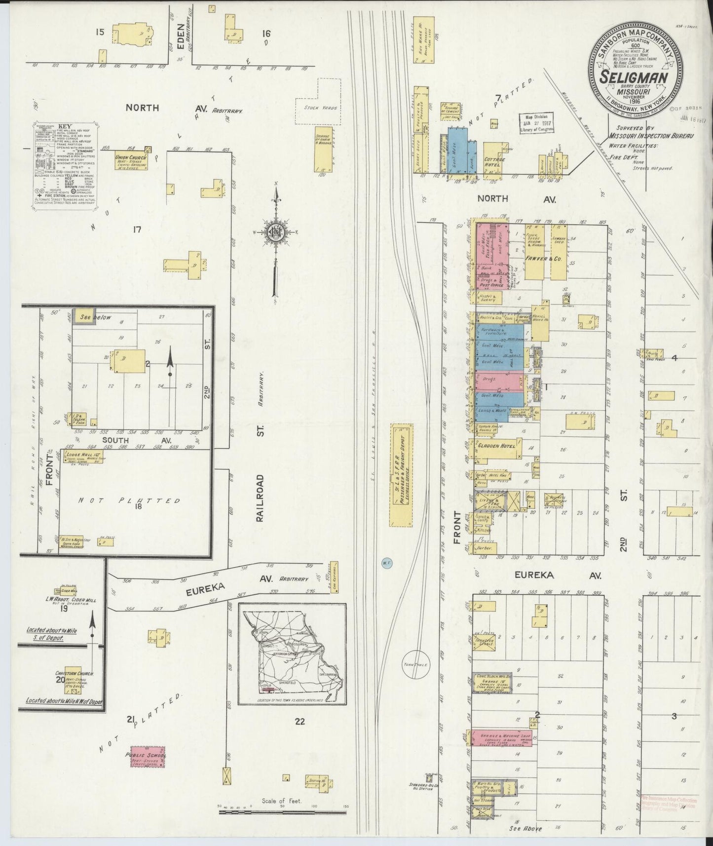 Sanborn Fire Insurance Map from Seligman, Barry County, Missouri (1916), Sheet #0001 - Historic Sanborn Fire Insurance Map Print, vintage old map wall art, antique decor, genealogy gift, Missouri Missouri map
