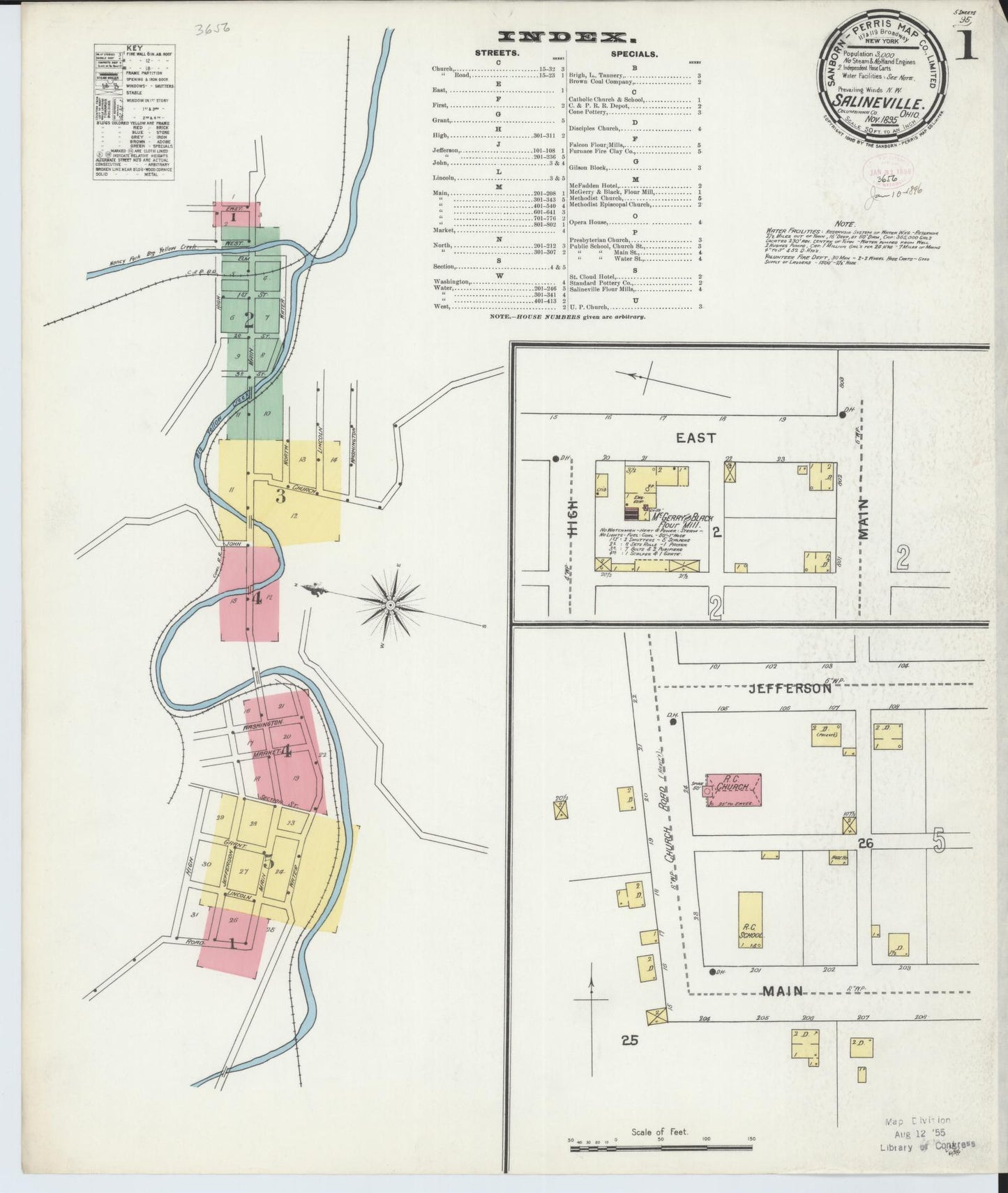 Sanborn Fire Insurance Map from Salineville, Columbiana County, Ohio (1895), Sheet #0001 - Historic Sanborn Fire Insurance Map Print, vintage old map wall art, antique decor, genealogy gift, Ohio Ohio map