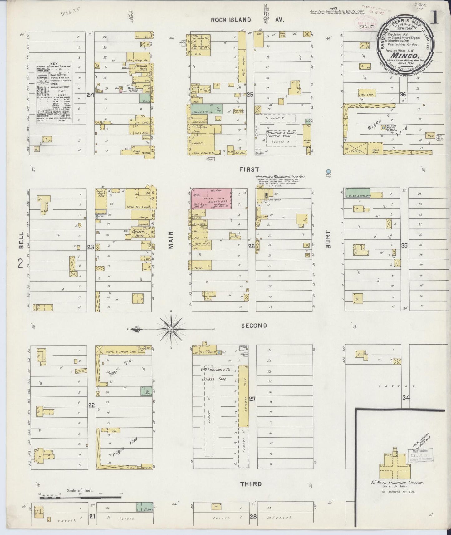 Sanborn Fire Insurance Map from Minco, Grady County, Oklahoma (1896), Sheet #0001 - Historic Sanborn Fire Insurance Map Print, vintage old map wall art, antique decor, genealogy gift, Oklahoma Oklahoma map