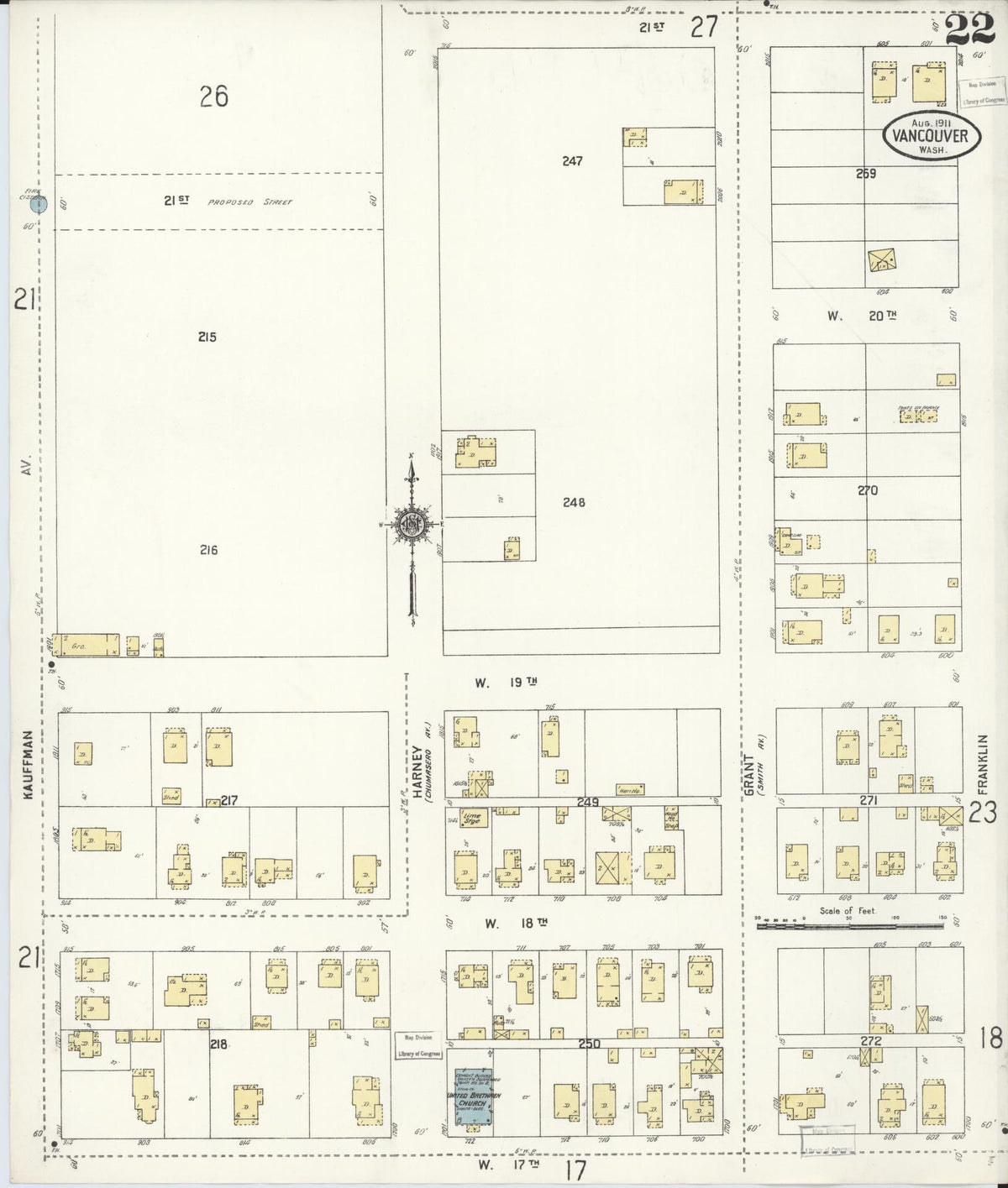 Sanborn Fire Insurance Map from Vancouver, Clark County, Washington (1911), Sheet #0022 - Historic Sanborn Fire Insurance Map Print, vintage old map wall art, antique decor, genealogy gift, Washington Washington map