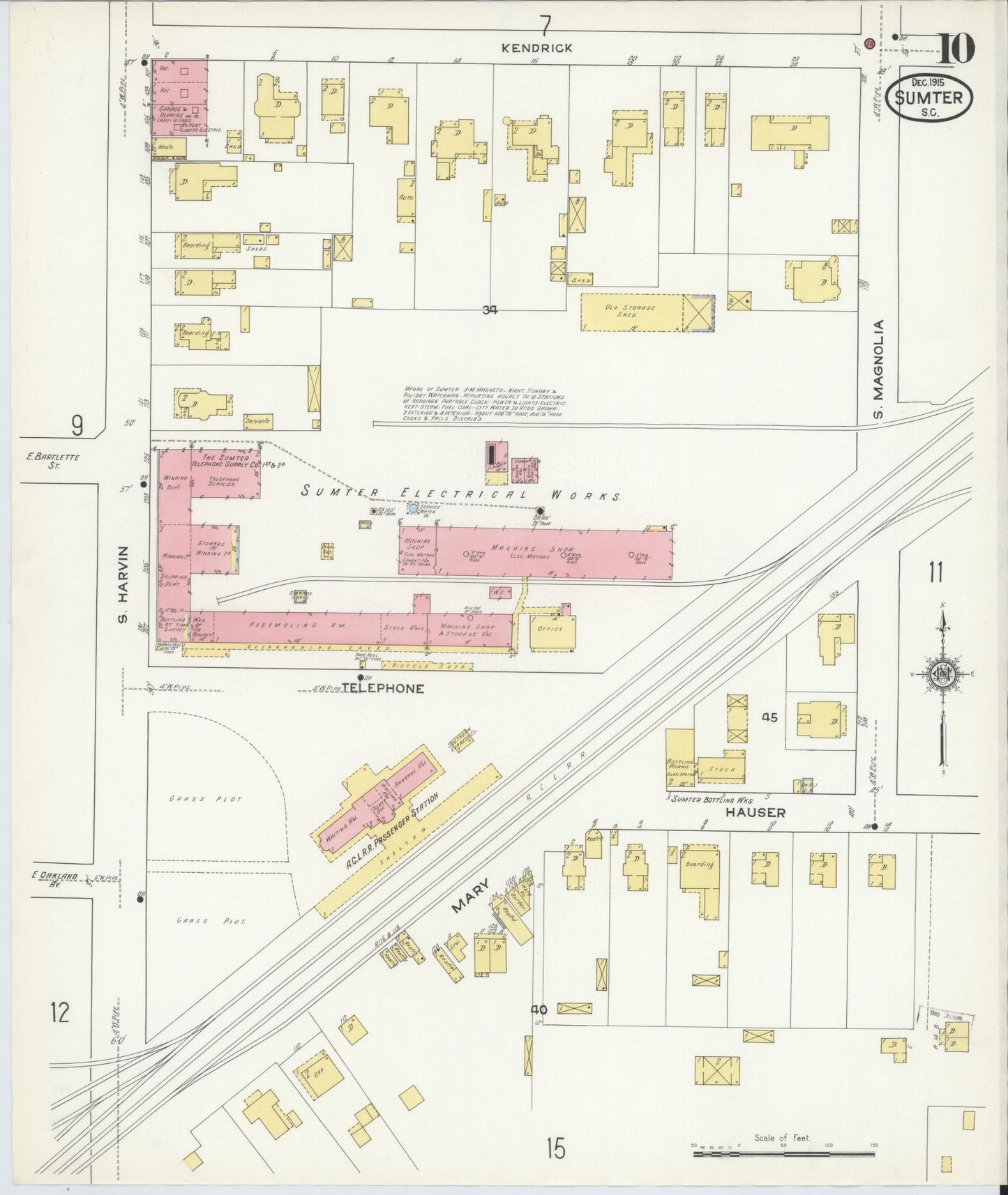 Sanborn Fire Insurance Map from Sumter, Sumter County, South Carolina (1915), Sheet #0010 - Historic Sanborn Fire Insurance Map Print, vintage old map wall art, antique decor, genealogy gift, South Carolina South Carolina map