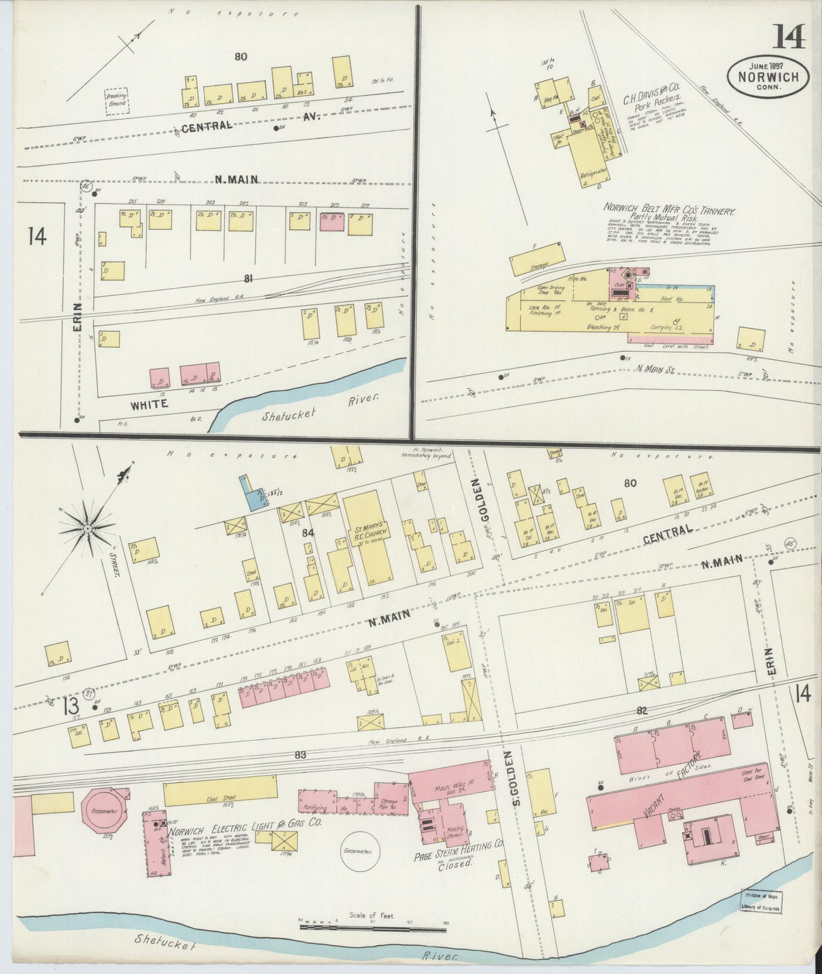 Sanborn Fire Insurance Map from Norwich, New London County, Connecticut (1897), Sheet #0014 - Historic Sanborn Fire Insurance Map Print, vintage old map wall art, antique decor, genealogy gift, Connecticut Connecticut map