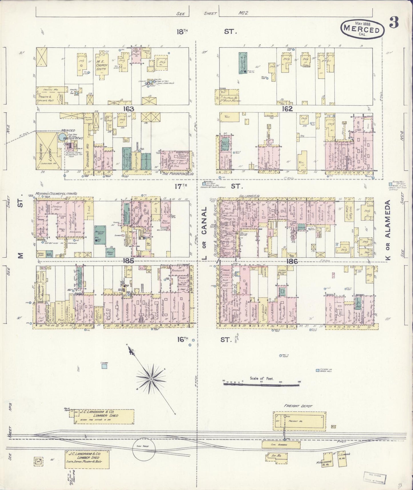 Sanborn Fire Insurance Map from Merced, Merced County, California (1888), Sheet #0003 - Historic Sanborn Fire Insurance Map Print, vintage old map wall art, antique decor, genealogy gift, California California map