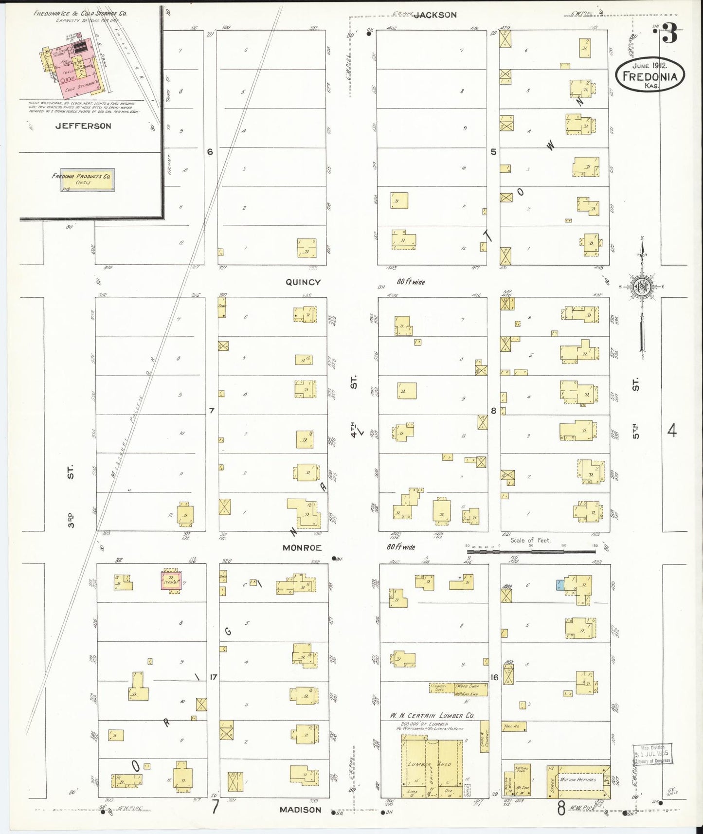 Sanborn Fire Insurance Map from Fredonia, Wilson County, Kansas (1912), Sheet #0003 - Historic Sanborn Fire Insurance Map Print, vintage old map wall art, antique decor, genealogy gift, Kansas Kansas map
