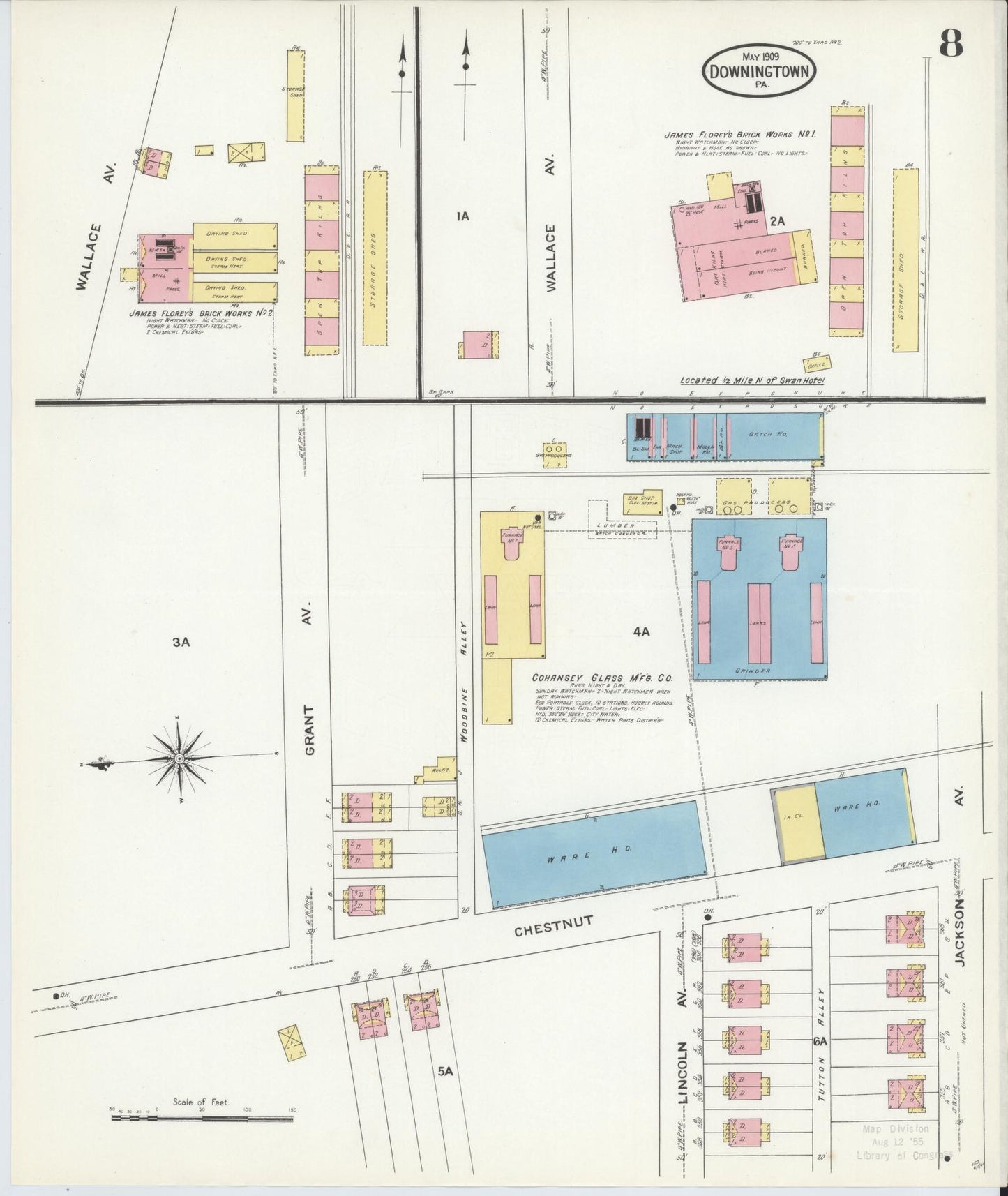 Sanborn Fire Insurance Map from Downingtown, Chester County, Pennsylvania (1909), Sheet #0008 - Historic Sanborn Fire Insurance Map Print, vintage old map wall art, antique decor, genealogy gift, Pennsylvania Pennsylvania map