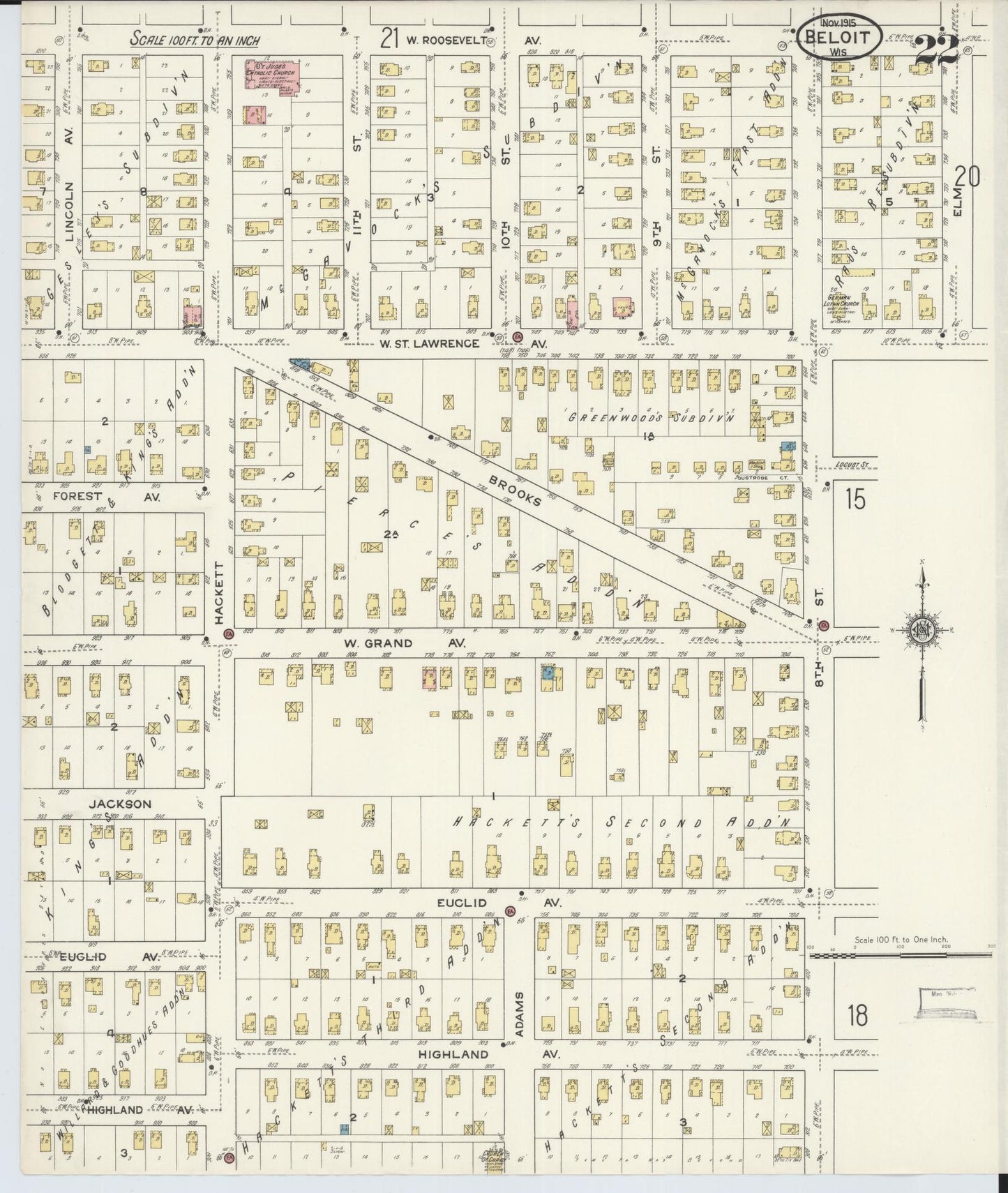 Sanborn Fire Insurance Map from Beloit, Rock County, Wisconsin (1915), Sheet #0022 - Historic Sanborn Fire Insurance Map Print, vintage old map wall art, antique decor, genealogy gift, Wisconsin Wisconsin map