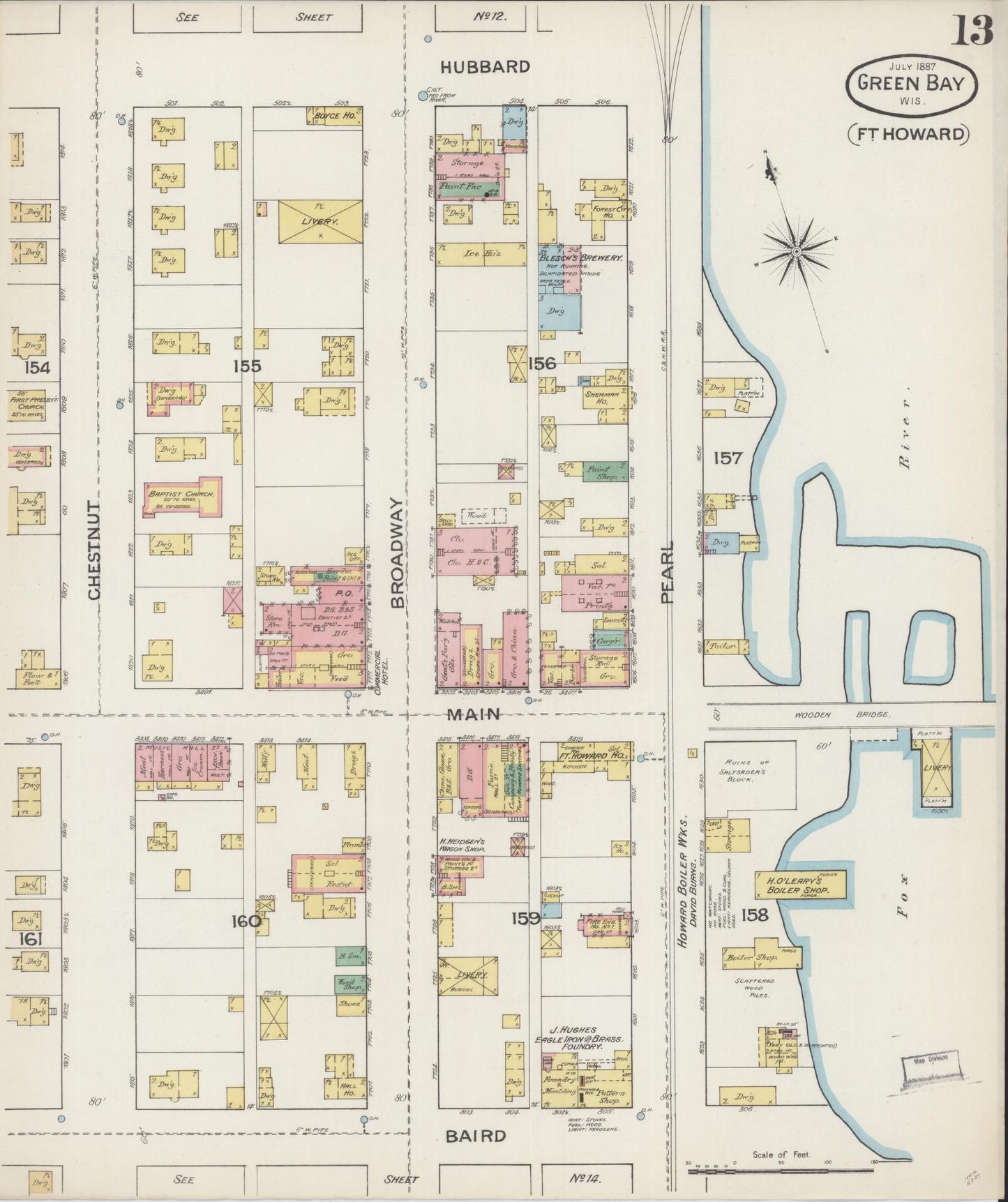 Sanborn Fire Insurance Map from Green Bay, Brown County, Wisconsin (1887), Sheet #0013 - Historic Sanborn Fire Insurance Map Print, vintage old map wall art, antique decor, genealogy gift, Wisconsin Wisconsin map