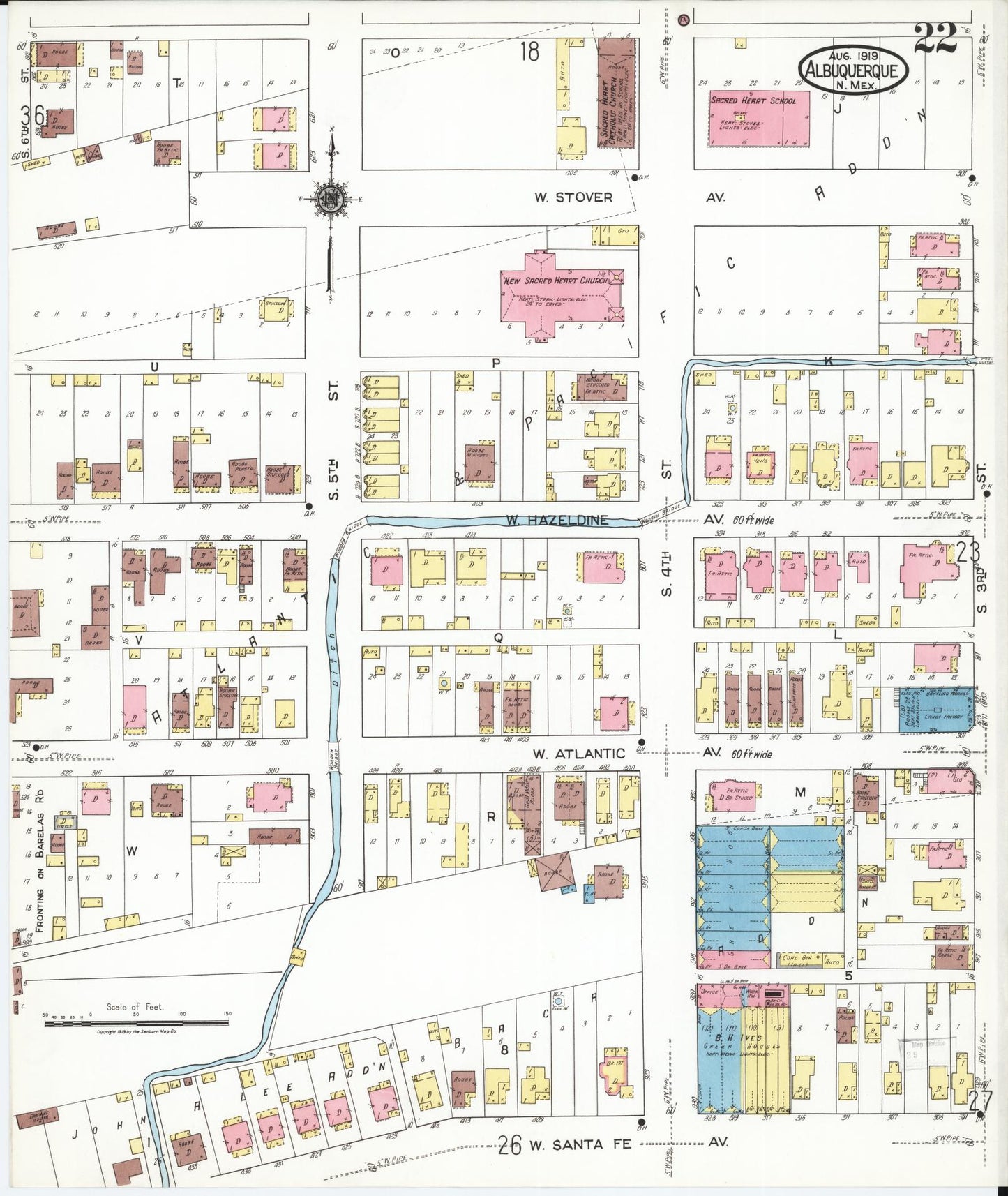 Sanborn Fire Insurance Map from Albuquerque, Bernalillo County, New Mexico (1919), Sheet #0022 - Historic Sanborn Fire Insurance Map Print, vintage old map wall art, antique decor, genealogy gift, New Mexico New Mexico map