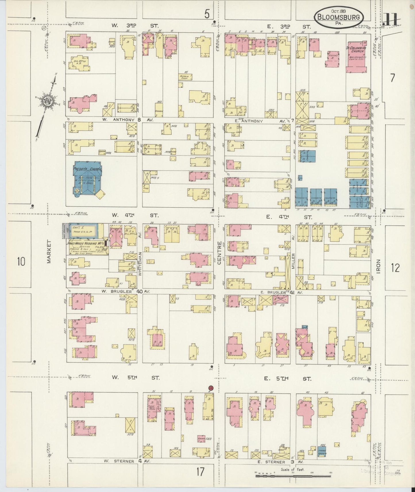 Sanborn Fire Insurance Map from Bloomsburg, Columbia County, Pennsylvania (1913), Sheet #0011 - Historic Sanborn Fire Insurance Map Print, vintage old map wall art, antique decor, genealogy gift, Pennsylvania Pennsylvania map