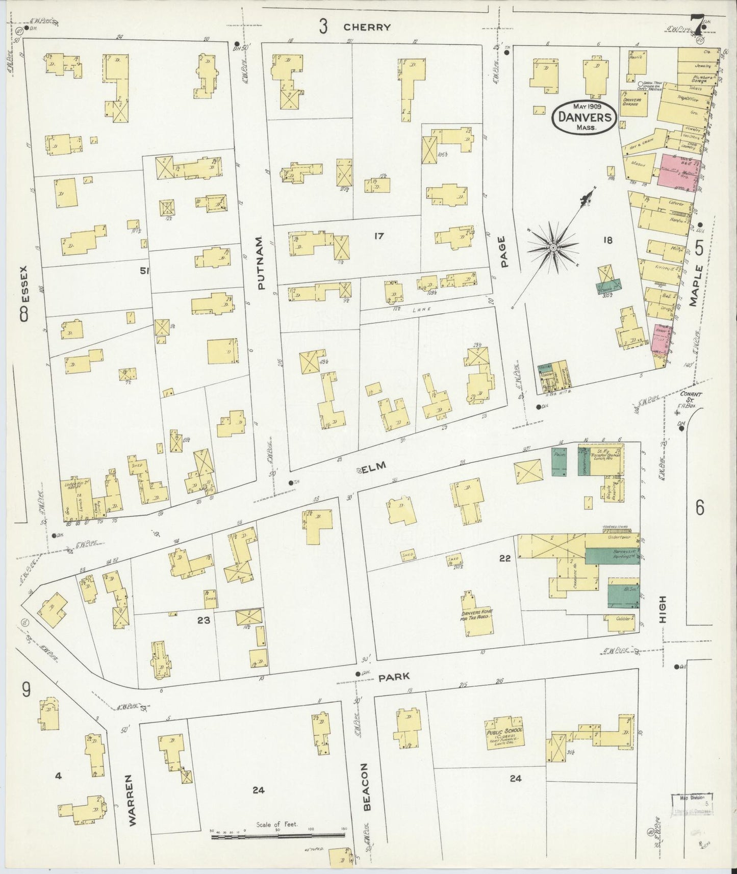Sanborn Fire Insurance Map from Danvers, Essex County, Massachusetts (1909), Sheet #0007 - Historic Sanborn Fire Insurance Map Print, vintage old map wall art, antique decor, genealogy gift, Massachusetts Massachusetts map