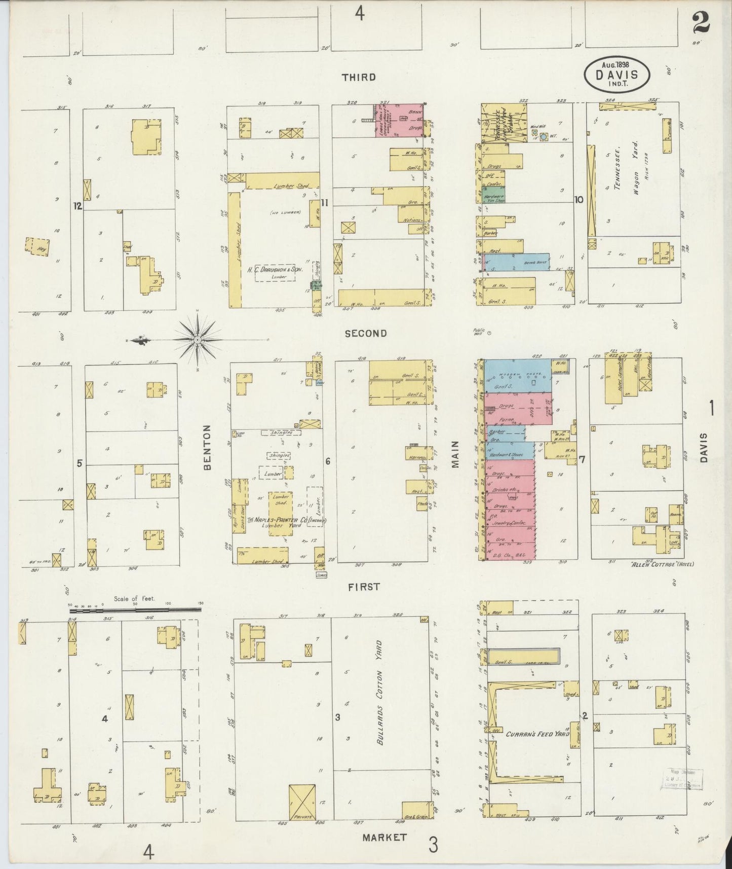 Sanborn Fire Insurance Map from Davis, Murray County, Oklahoma (1898), Sheet #0002 - Historic Sanborn Fire Insurance Map Print, vintage old map wall art, antique decor, genealogy gift, Oklahoma Oklahoma map
