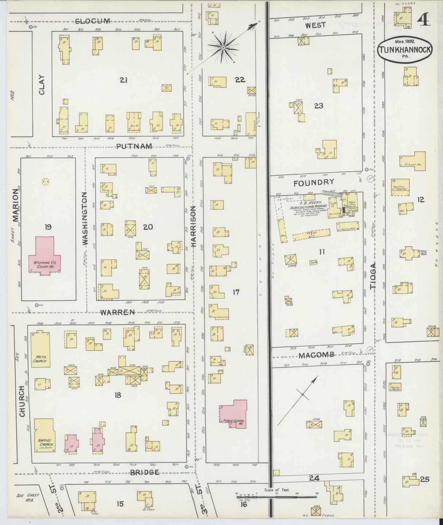 Sanborn Fire Insurance Map from Tunkhannock, Wyoming County, Pennsylvania (1892), Sheet #0004 - Historic Sanborn Fire Insurance Map Print, vintage old map wall art, antique decor, genealogy gift, Tunkhannock Wyoming map