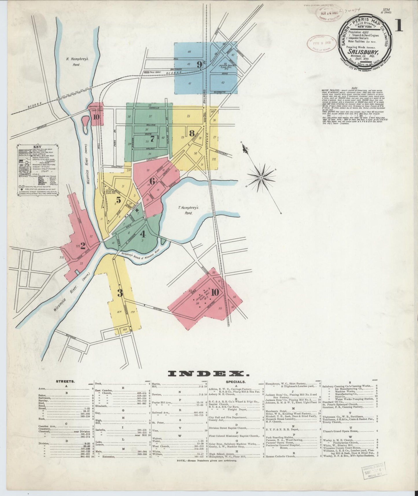 Sanborn Fire Insurance Map from Salisbury, Wicomico County, Maryland (1899), Sheet #0001 - Historic Sanborn Fire Insurance Map Print, vintage old map wall art