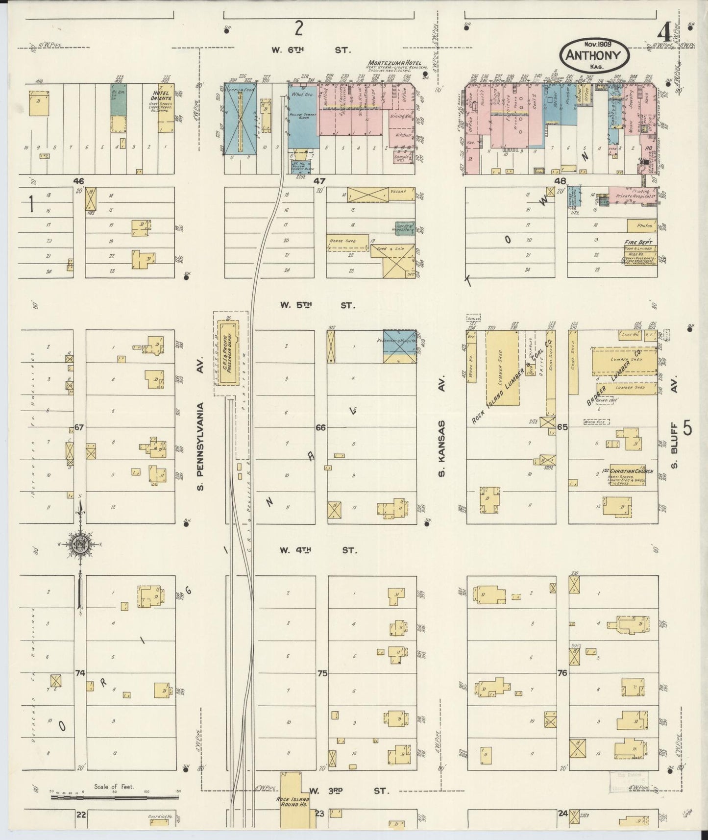 Sanborn Fire Insurance Map from Anthony, Harper County, Kansas (1909), Sheet #0004 - Historic Sanborn Fire Insurance Map Print, vintage old map wall art, antique decor, genealogy gift, Kansas Kansas map