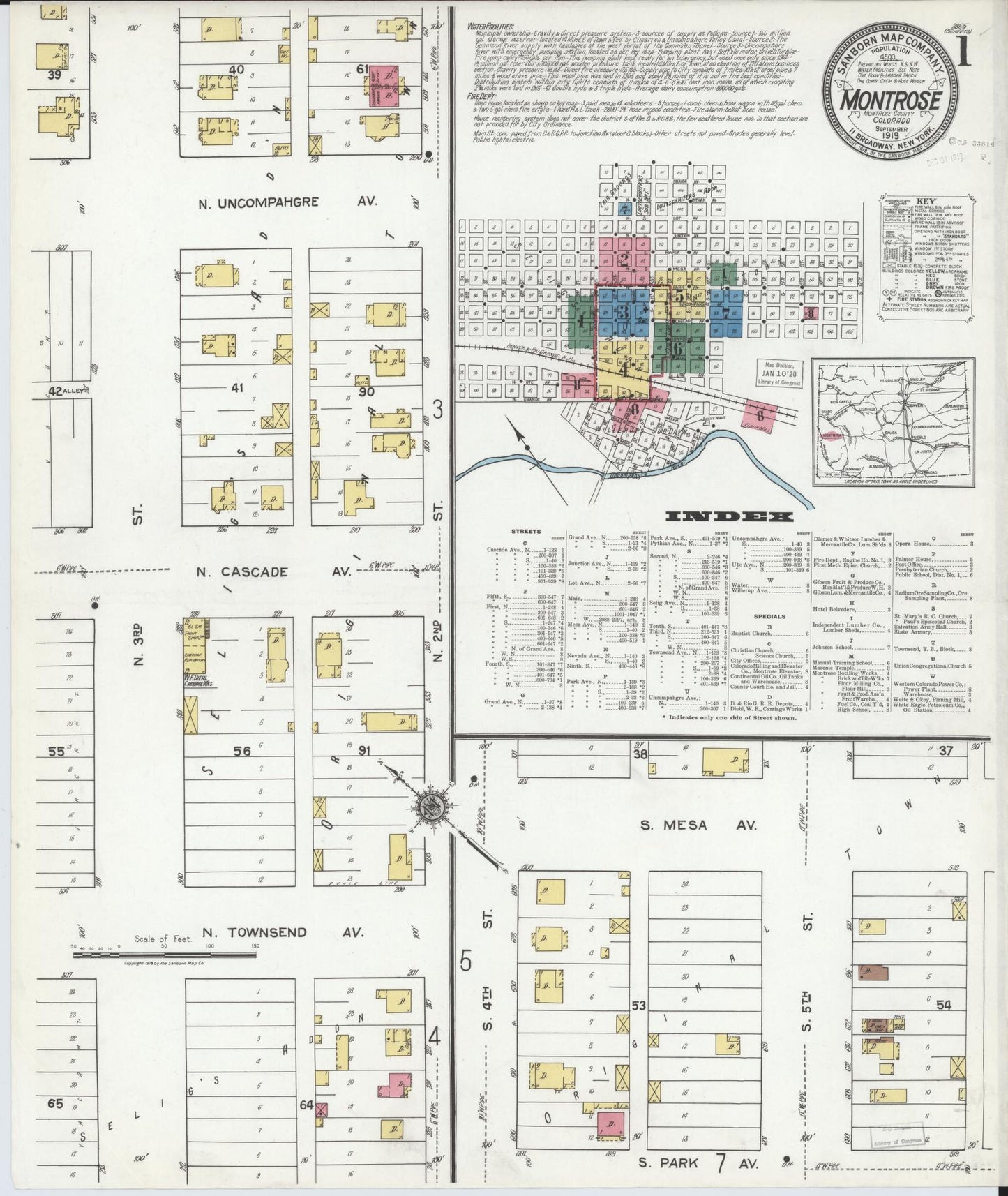 Sanborn Fire Insurance Map from Montrose, Montrose County, Colorado (1919), Sheet #0001 - Historic Sanborn Fire Insurance Map Print, vintage old map wall art, antique decor, genealogy gift, Colorado Colorado map