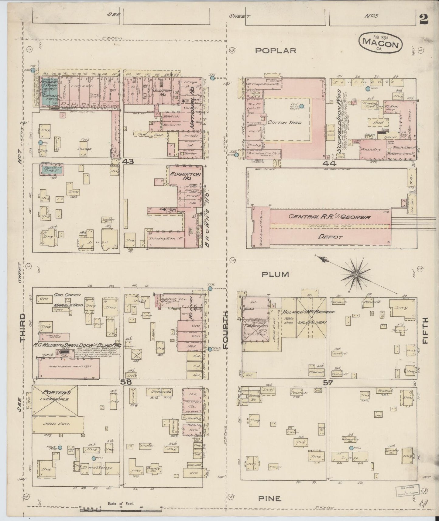 Sanborn Fire Insurance Map from Macon, Bibb and Jones County, Georgia (1884), Sheet #0002 - Historic Sanborn Fire Insurance Map Print, vintage old map wall art, antique decor, genealogy gift, Georgia Georgia map