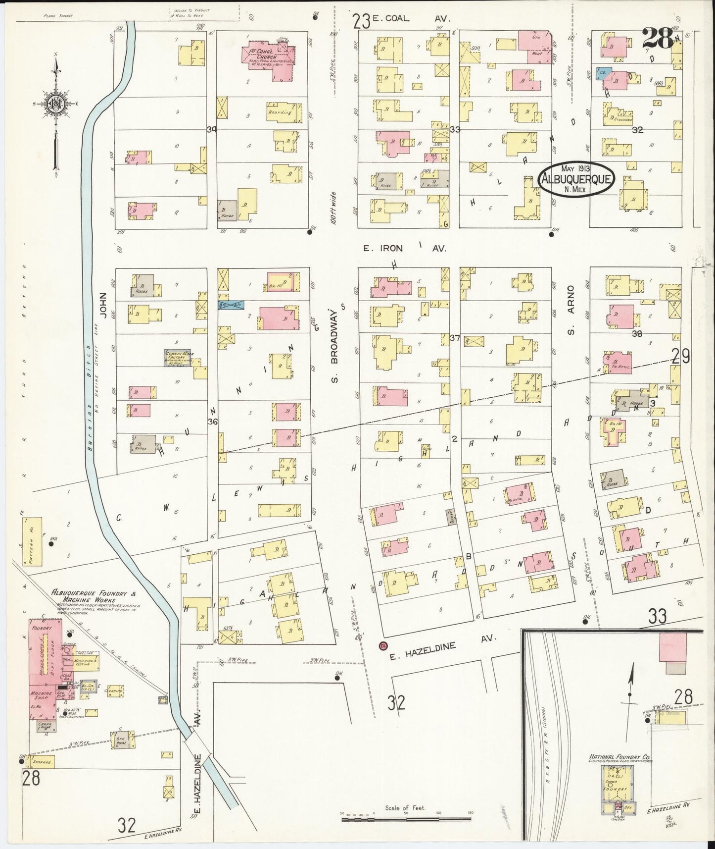 Sanborn Fire Insurance Map from Albuquerque, Bernalillo County, New Mexico (1913), Sheet #0028 - Historic Sanborn Fire Insurance Map Print, vintage old map wall art, antique decor, genealogy gift, New Mexico New Mexico map