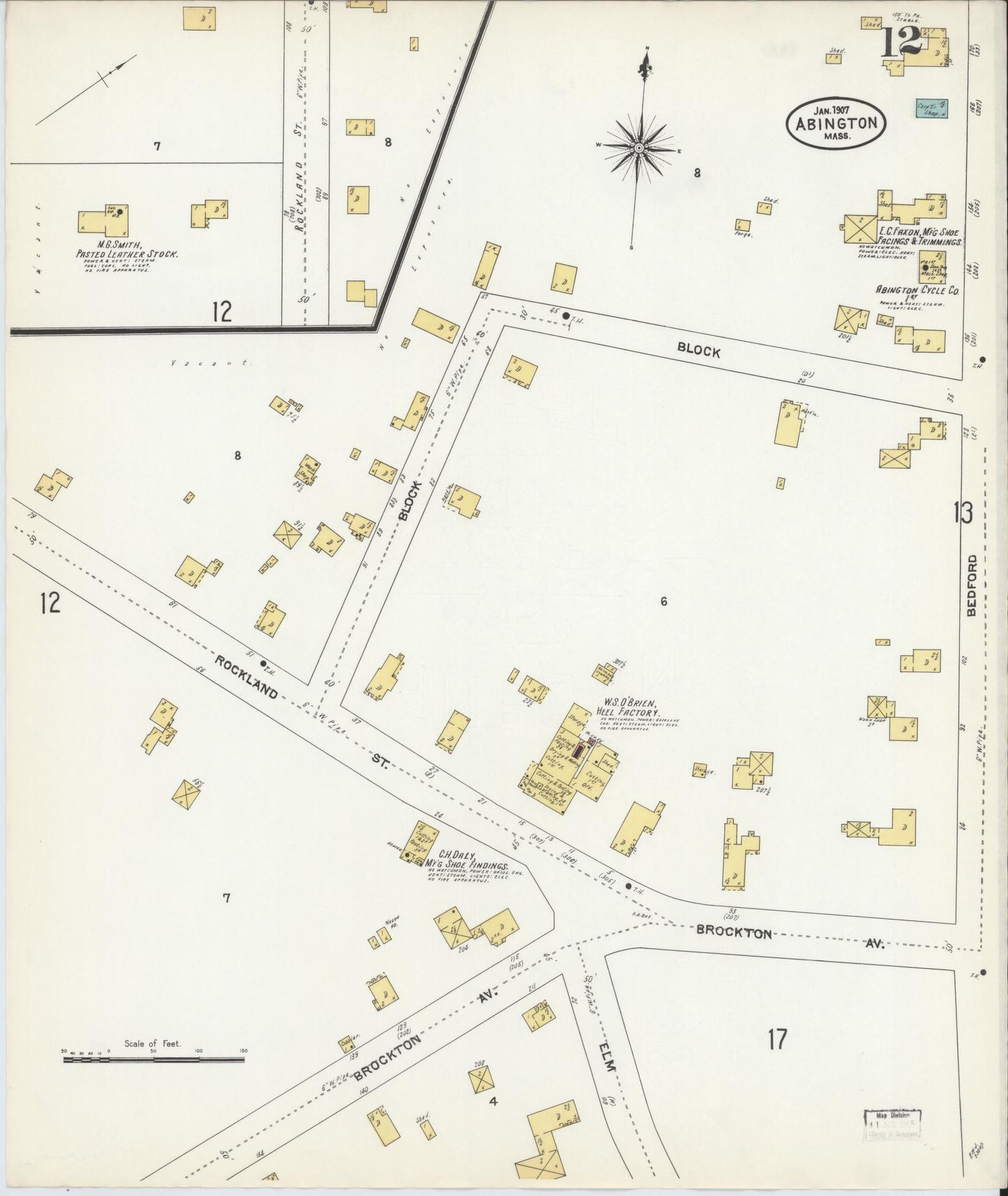 Sanborn Fire Insurance Map from Abington, Plymouth County, Massachusetts (1907), Sheet #0012 - Historic Sanborn Fire Insurance Map Print, vintage old map wall art, antique decor, genealogy gift, Massachusetts Massachusetts map