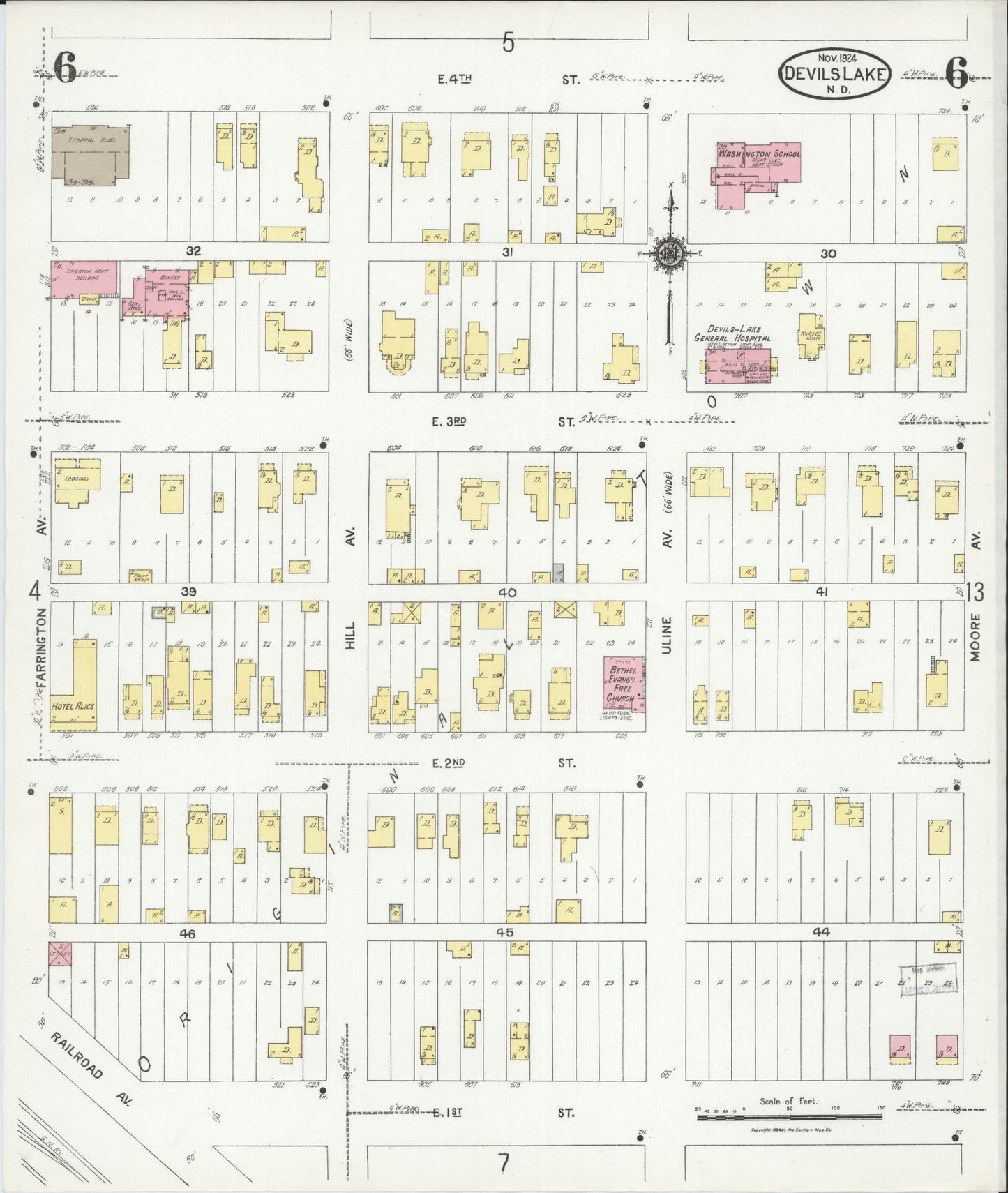 Sanborn Fire Insurance Map from Devils Lake, Ramsey County, North Dakota (1924), Sheet #0006 - Historic Sanborn Fire Insurance Map Print, vintage old map wall art, antique decor, genealogy gift, North Dakota North Dakota map
