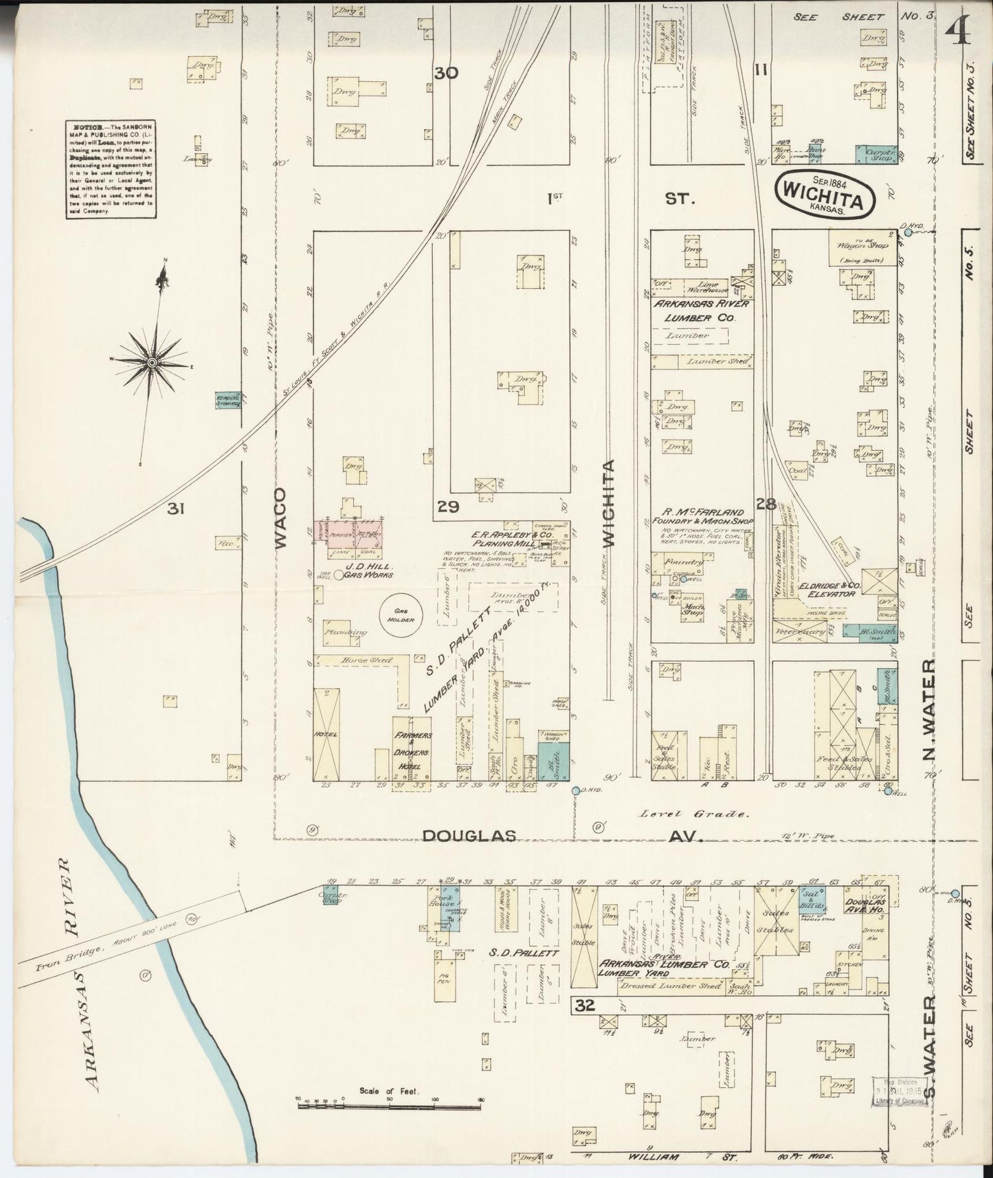 Sanborn Fire Insurance Map from Wichita, Sedgwick County, Kansas (1884), Sheet #0004 - Historic Sanborn Fire Insurance Map Print, vintage old map wall art, antique decor, genealogy gift, Kansas Kansas map