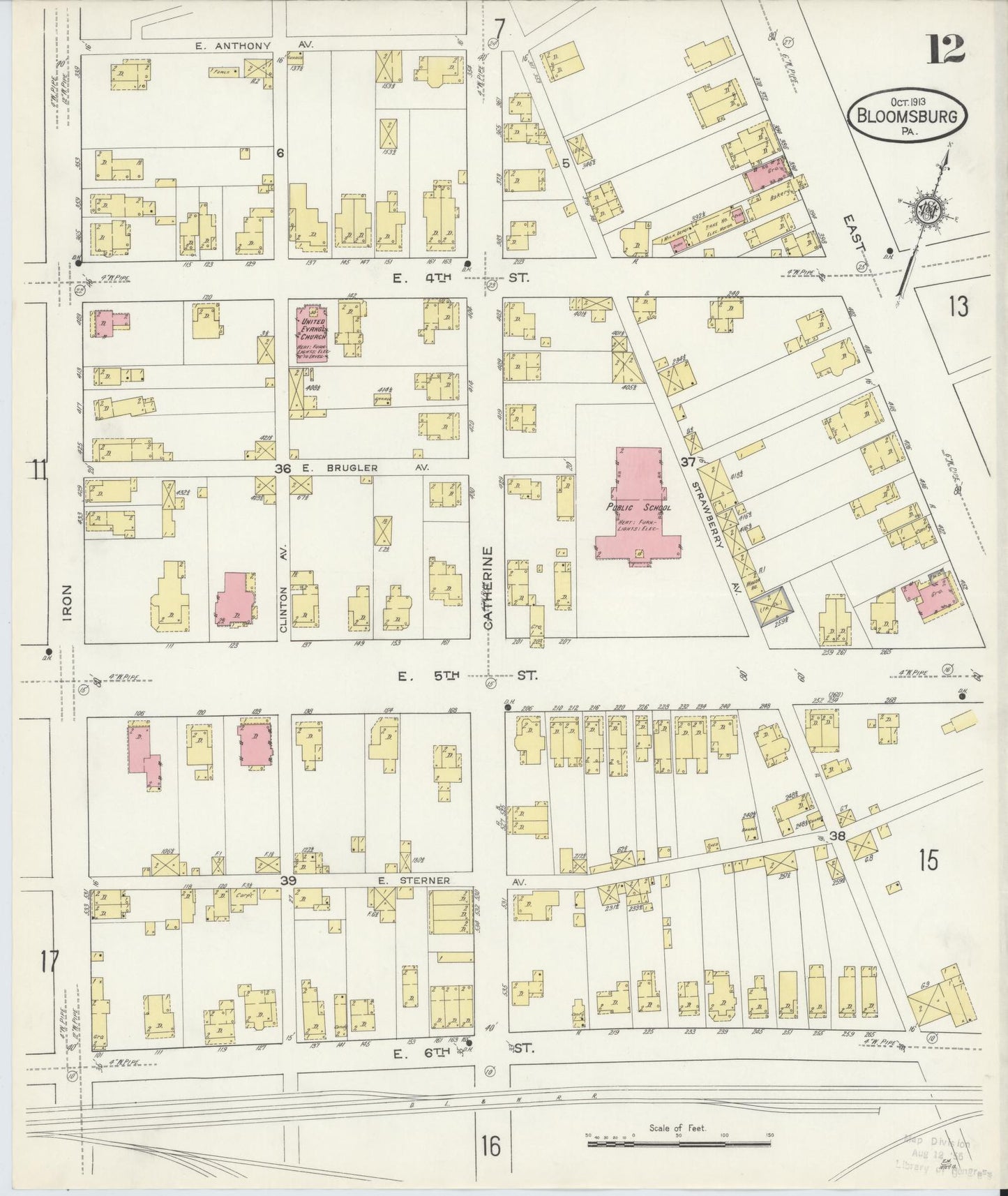 Sanborn Fire Insurance Map from Bloomsburg, Columbia County, Pennsylvania (1913), Sheet #0012 - Historic Sanborn Fire Insurance Map Print, vintage old map wall art, antique decor, genealogy gift, Pennsylvania Pennsylvania map