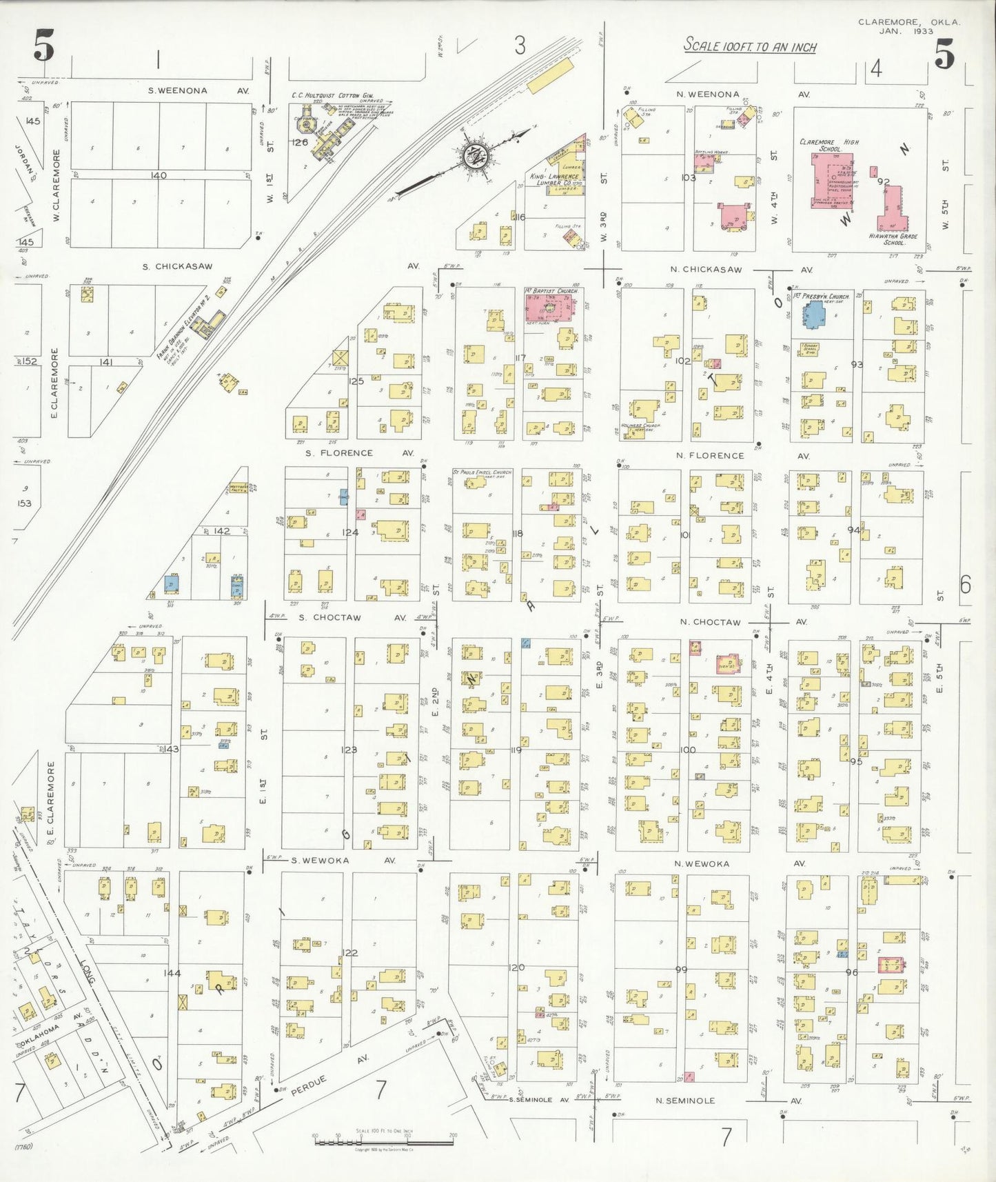 Sanborn Fire Insurance Map from Claremore, Rogers County, Oklahoma (1933), Sheet #0005 - Historic Sanborn Fire Insurance Map Print, vintage old map wall art, antique decor, genealogy gift, Oklahoma Oklahoma map