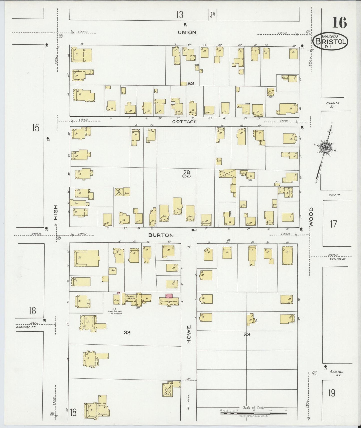Sanborn Fire Insurance Map from Bristol, Bristol County, Rhode Island (1920), Sheet #0016 - Historic Sanborn Fire Insurance Map Print, vintage old map wall art, antique decor, genealogy gift, Rhode Island Rhode Island map
