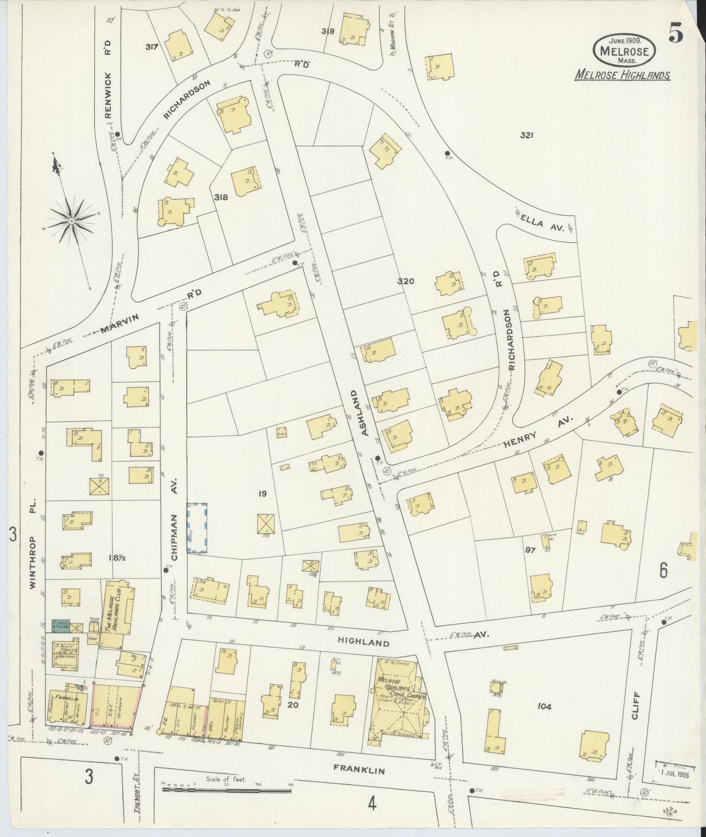 Sanborn Fire Insurance Map from Melrose, Middlesex County, Massachusetts (1909), Sheet #0005 - Historic Sanborn Fire Insurance Map Print, vintage old map wall art, antique decor, genealogy gift, Massachusetts Massachusetts map